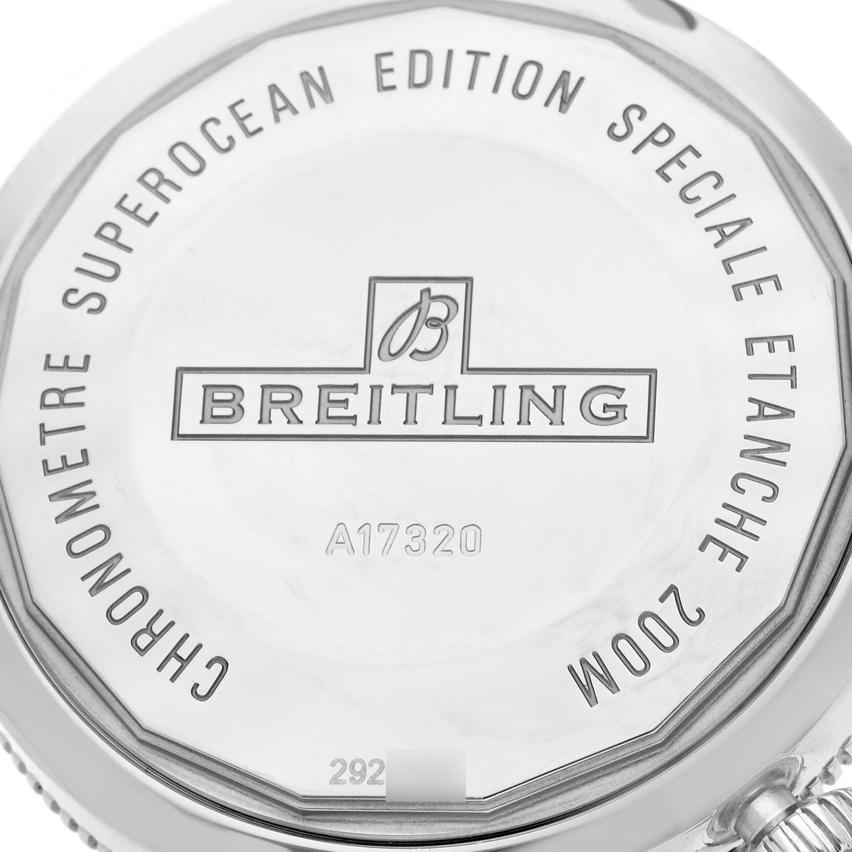 This image shows the engraved back casing of a Breitling Superocean A1732024/B868 Men's Stainless Steel Black Dial A1732024/B868 Men's Stainless Steel Black Dial watch, highlighting its model number and specifications.
