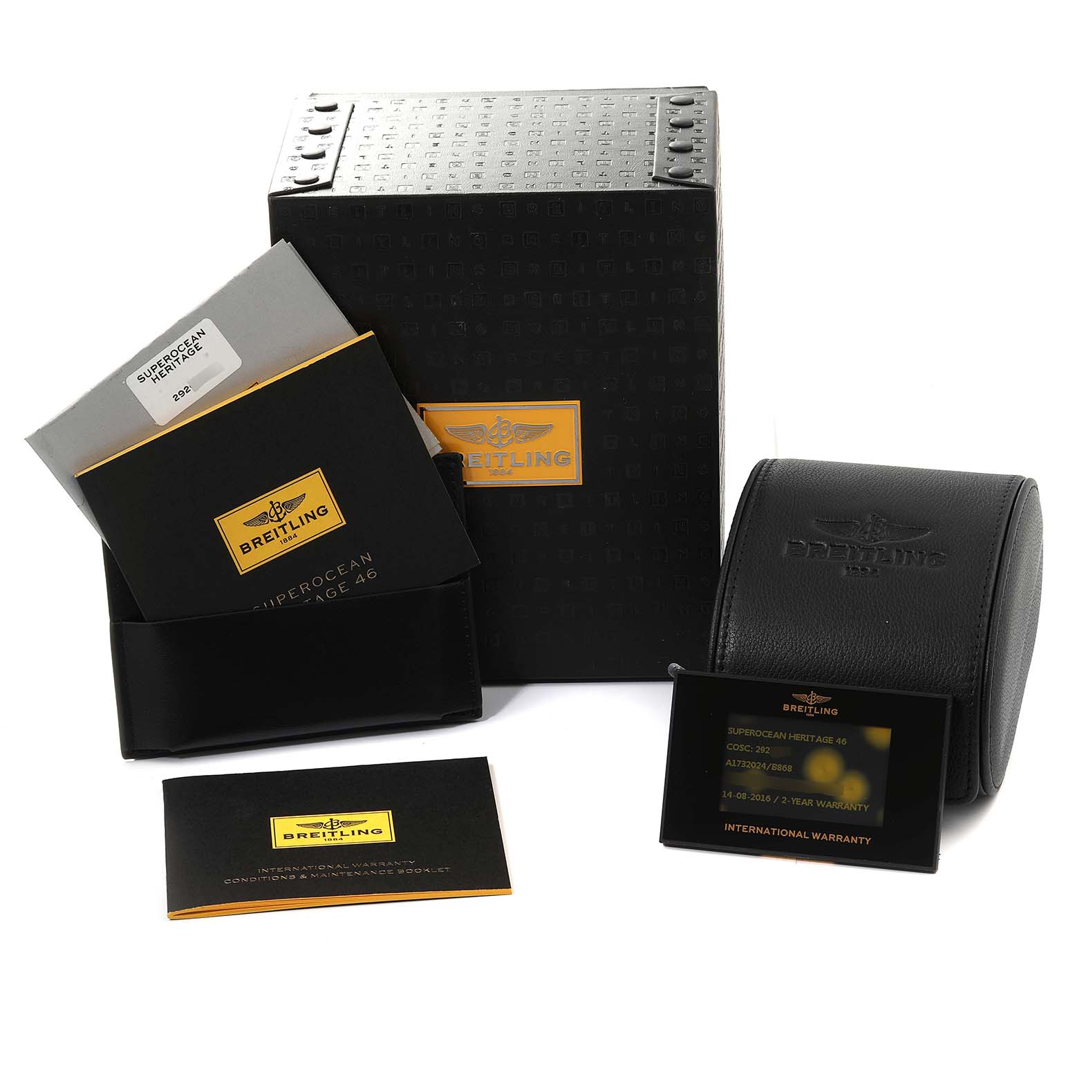 The image shows the packaging, manuals, warranty card, and storage case for the Breitling Superocean A1732024/B868 Men's Stainless Steel Black Dial A1732024/B868 Men's Stainless Steel Black Dial model watch.