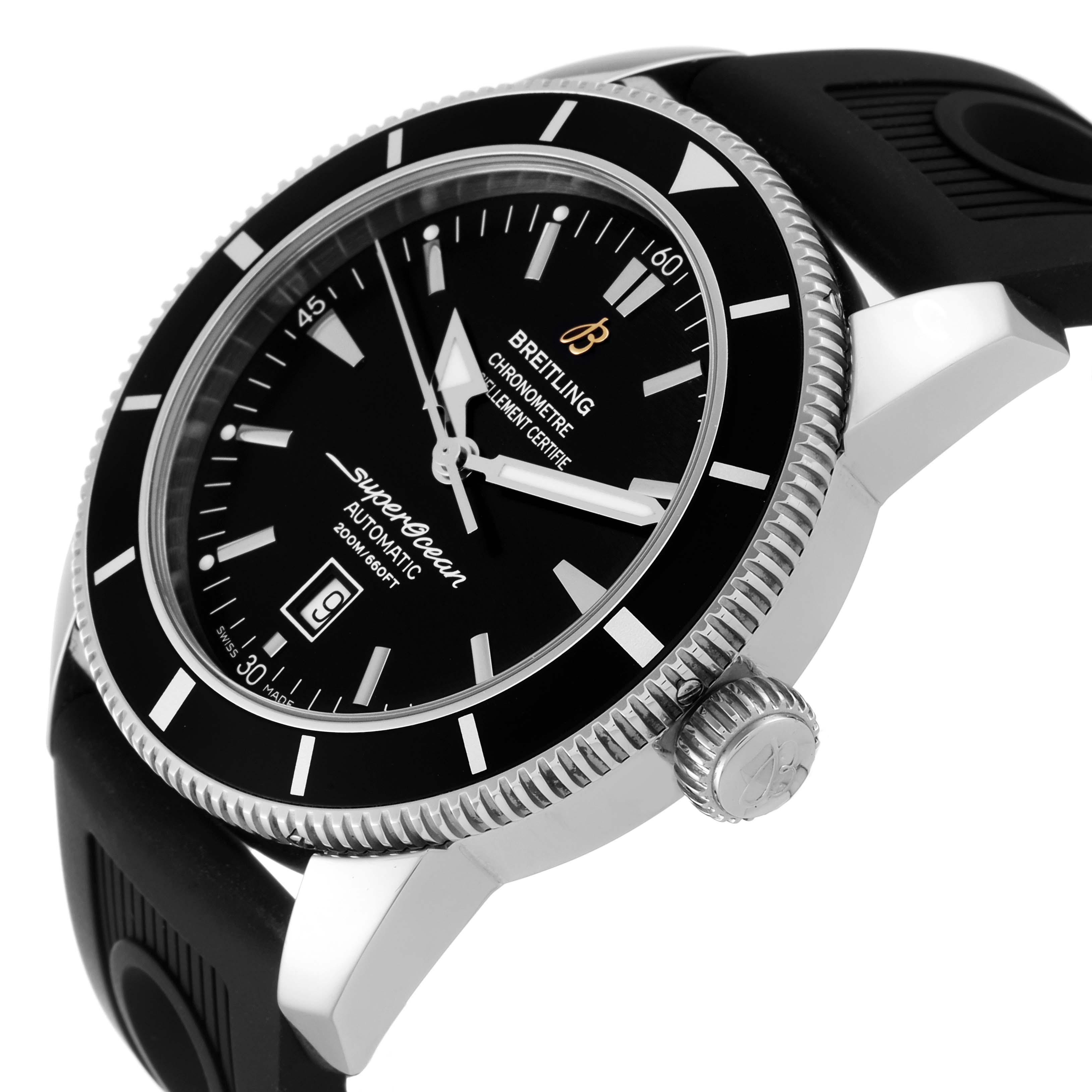The image shows the side view of the Breitling Superocean A1732024/B868 Men's Stainless Steel Black Dial A1732024/B868 Men's Stainless Steel Black Dial watch, highlighting the face, bezel, crown, and black rubber strap.