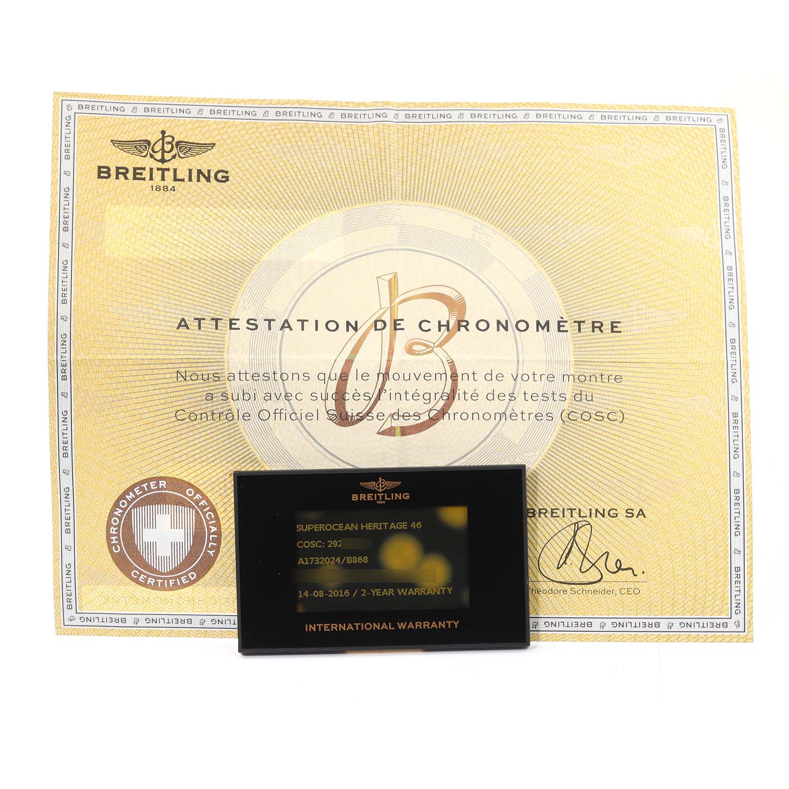 The image shows the certification and warranty card for a Breitling Superocean A1732024/B868 Men's Stainless Steel Black Dial A1732024/B868 Men's Stainless Steel Black Dial watch.