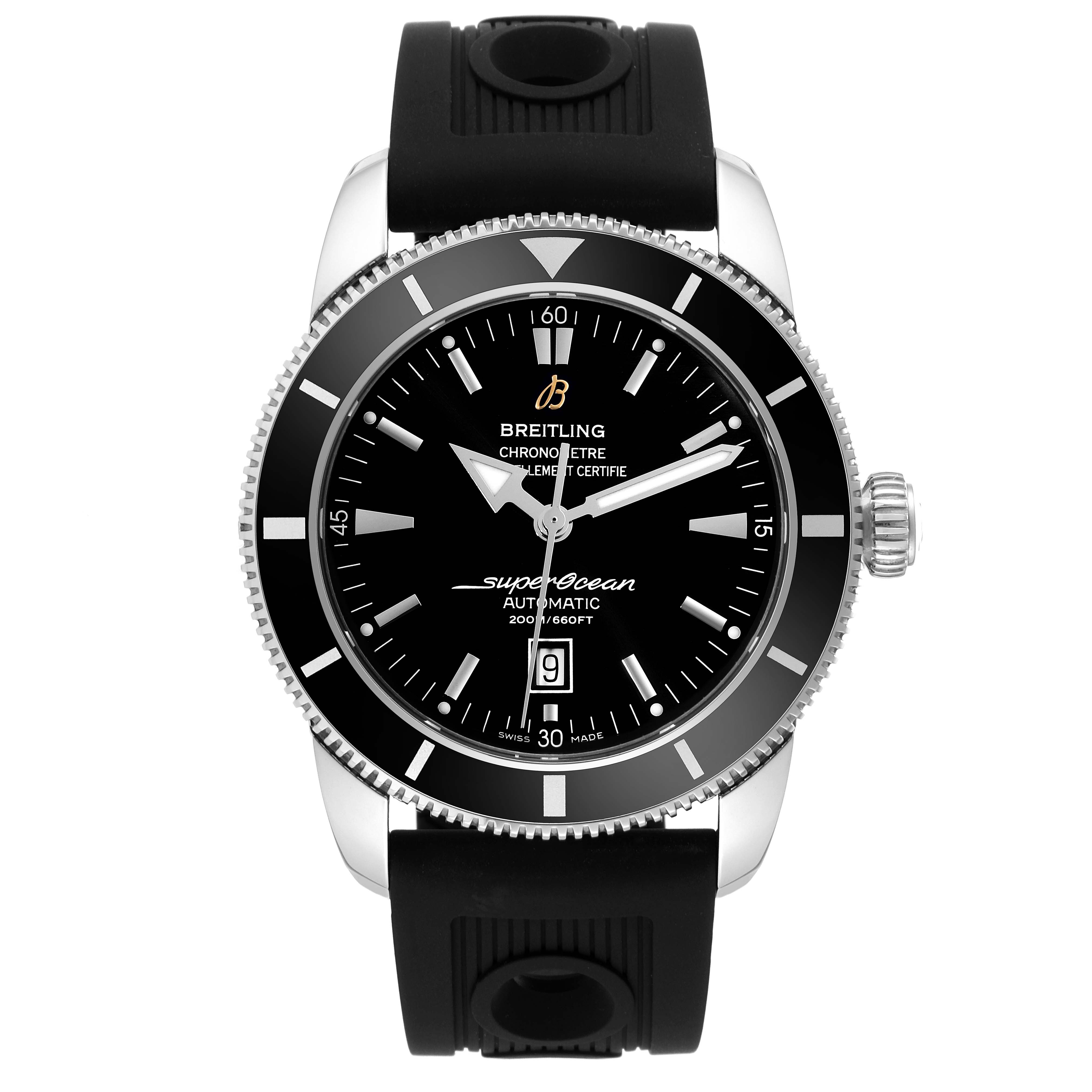 The Breitling Superocean A1732024/B868 Men's Stainless Steel Black Dial A1732024/B868 Men's Stainless Steel Black Dial watch is shown from a top-down angle, displaying its face, bezel, crown, and part of the black strap.