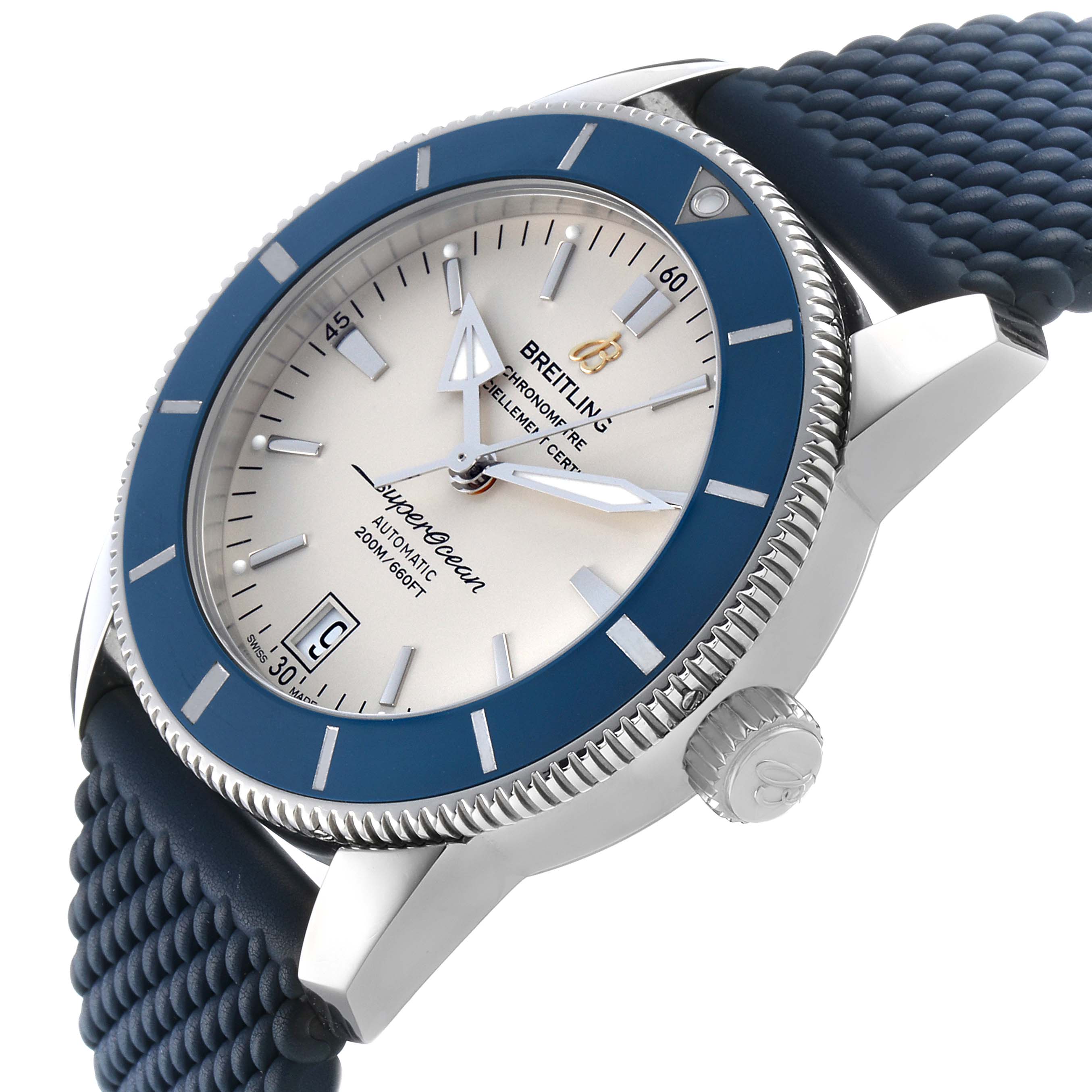 The Breitling Superocean AB2010 Men's Stainless Steel Silver Dial watch is shown at a slight side angle, highlighting the face, bezel, crown, and blue strap.