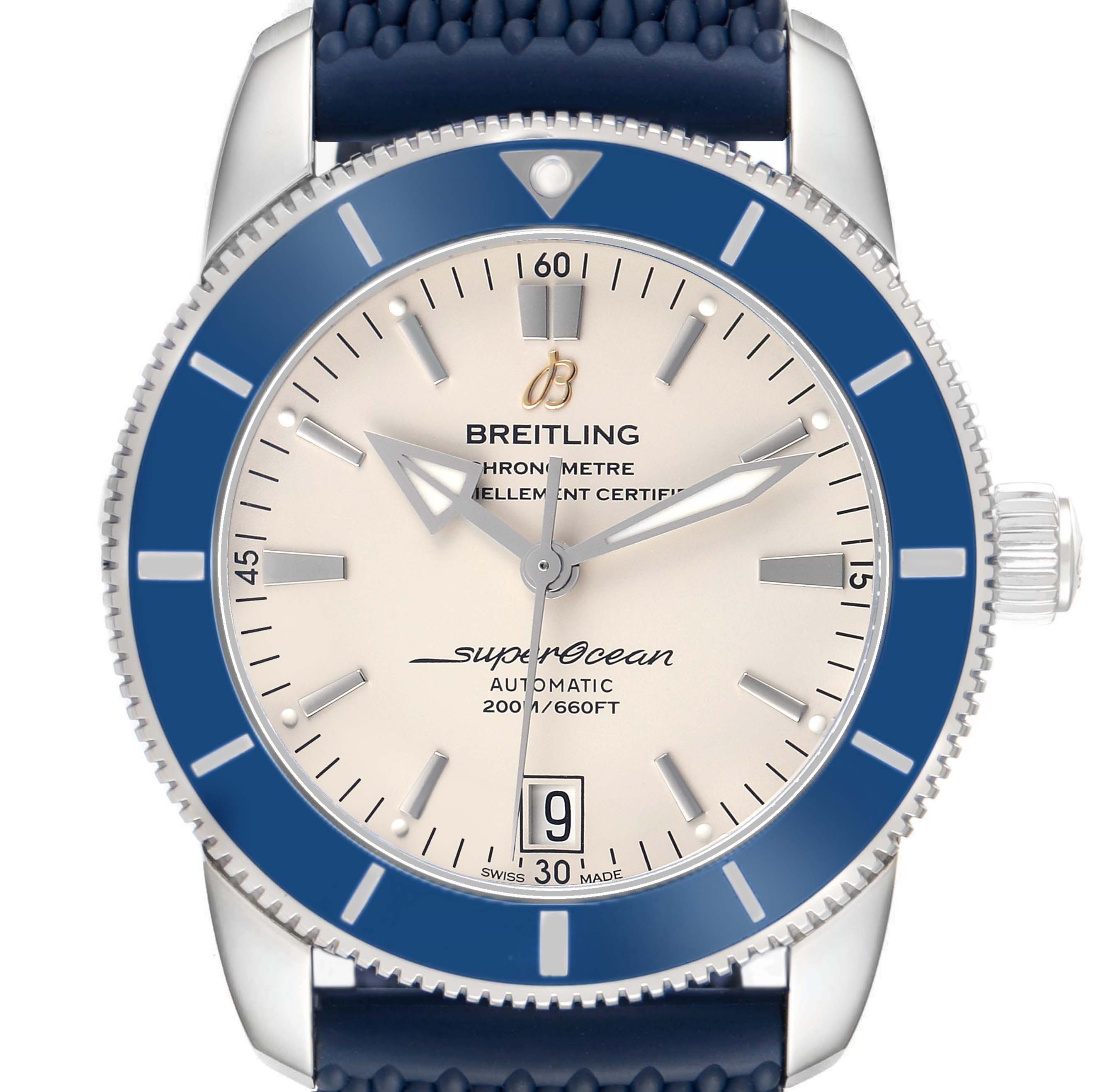 The Breitling Superocean AB2010 Men's Stainless Steel Silver Dial watch is shown from the front, highlighting its dial, bezel, and part of the strap.