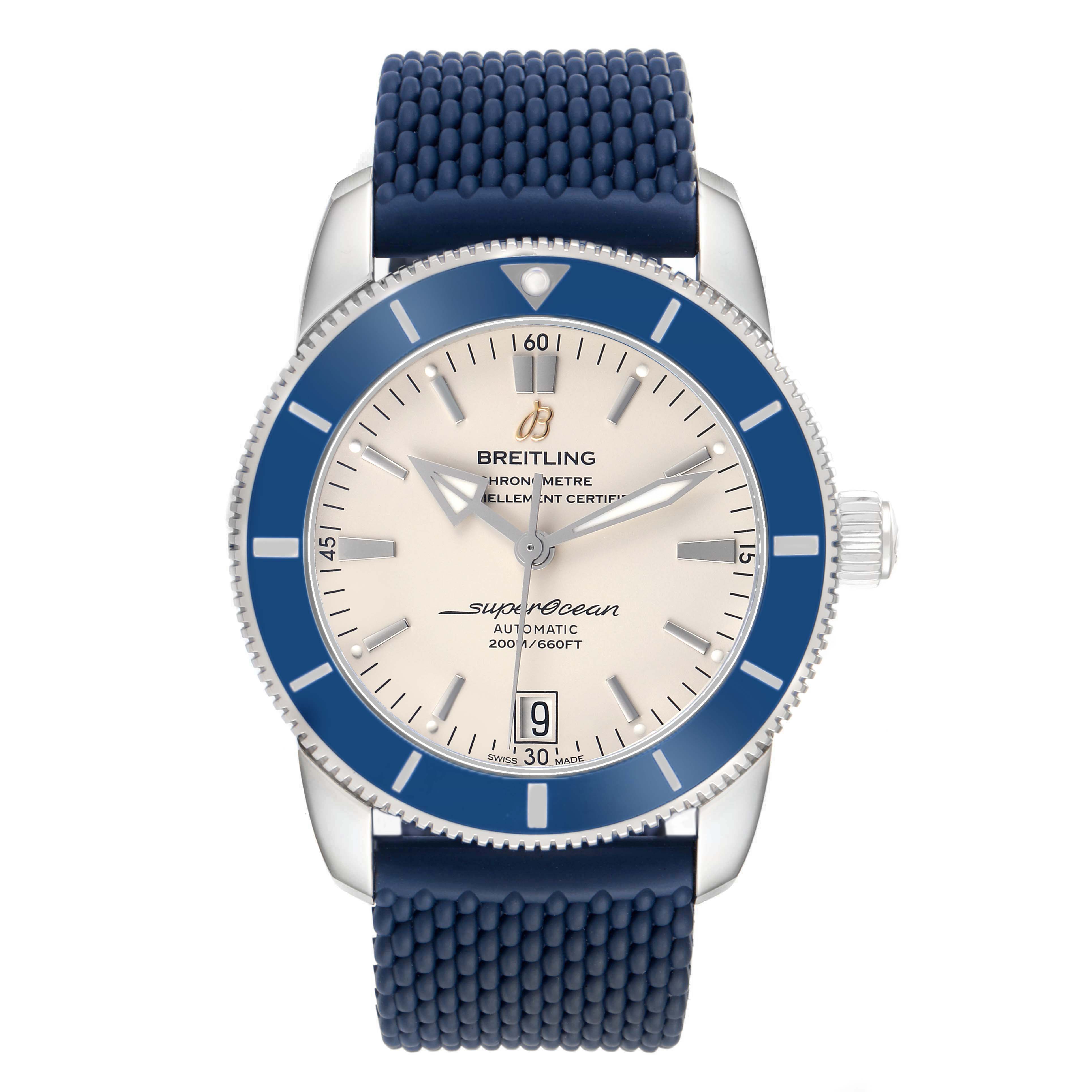 The Breitling Superocean AB2010 Men's Stainless Steel Silver Dial watch is shown from a front angle, highlighting the face, bezel, and blue strap.