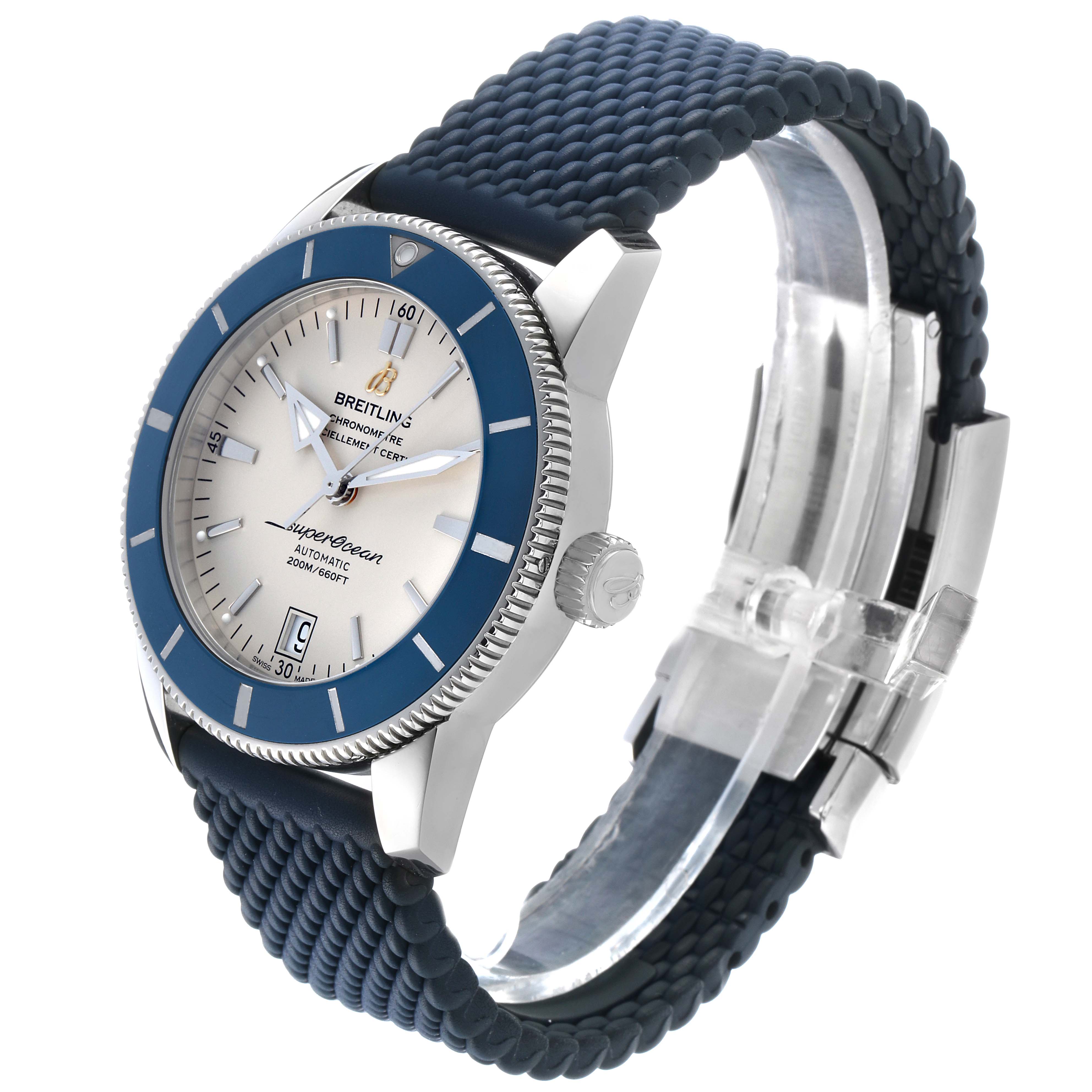 The Breitling Superocean AB2010 Men's Stainless Steel Silver Dial watch is shown from a side-angle, highlighting the face, bezel, crown, and textured strap.