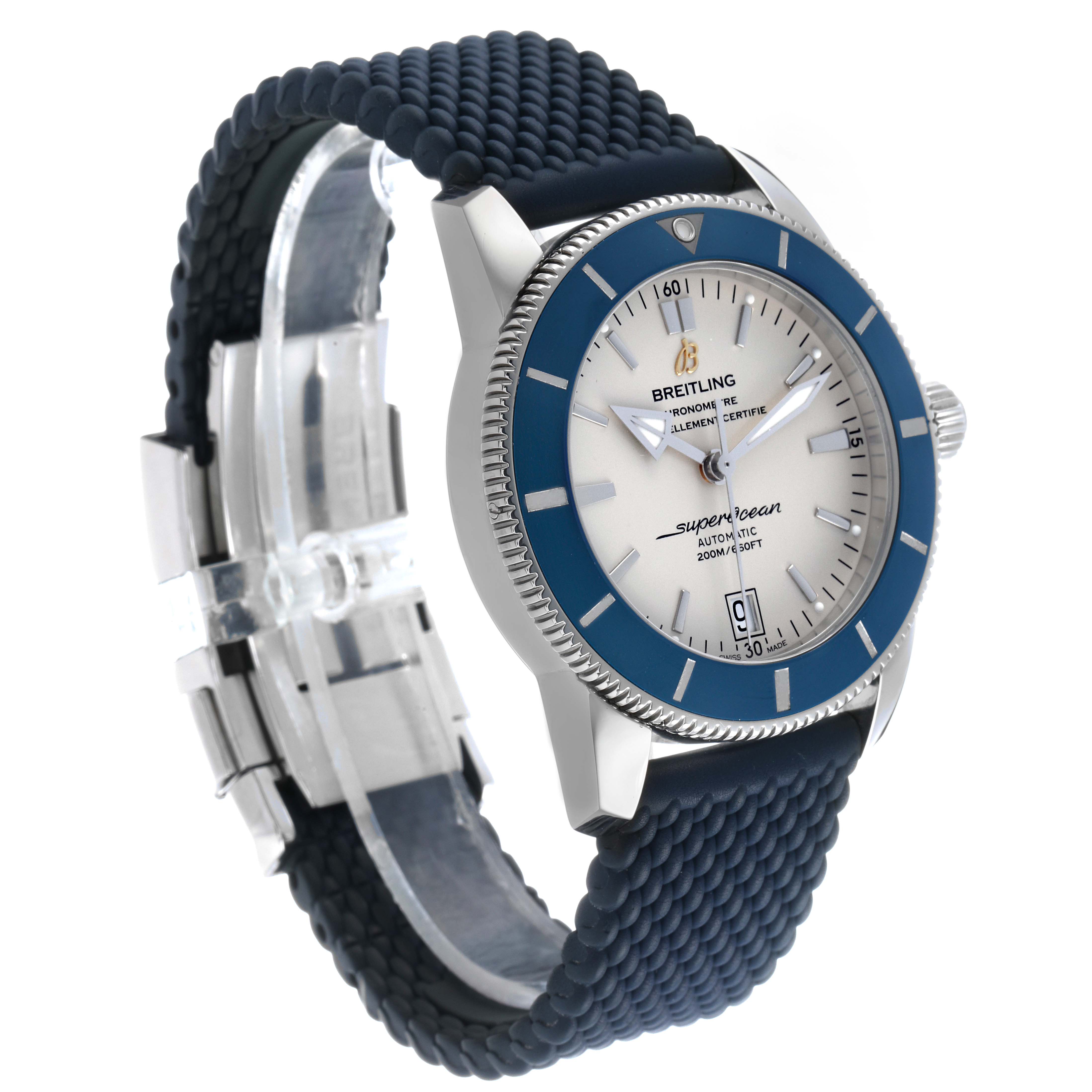 The Breitling Superocean AB2010 Men's Stainless Steel Silver Dial watch is shown at a three-quarter angle, highlighting the dial, bezel, and strap.