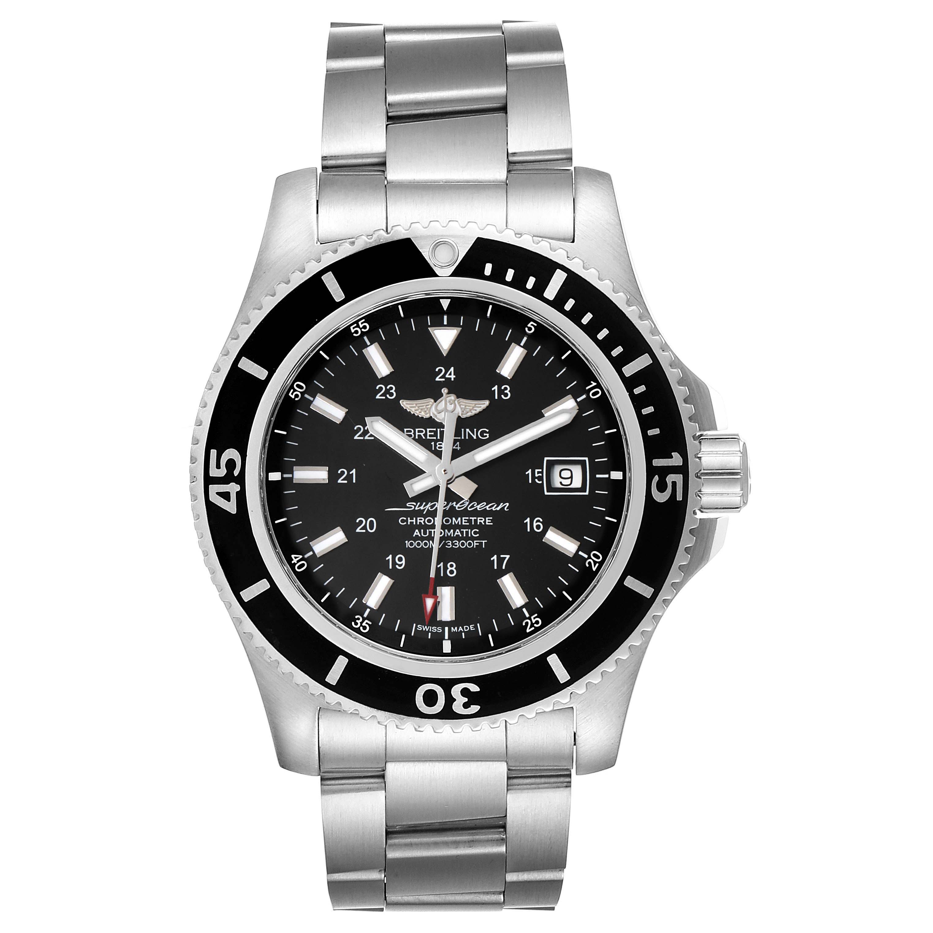 The image shows a front view of the Breitling Superocean A17392D8/C910 Men's Stainless Steel Black Dial A17392D8/C910 Men's Stainless Steel Black Dial watch, displaying the dial, bezel, and stainless steel bracelet.