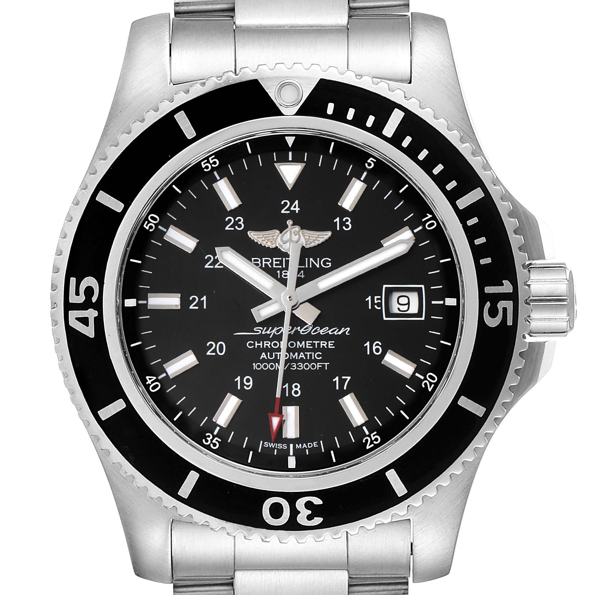The Breitling Superocean A17392D8/C910 Men's Stainless Steel Black Dial A17392D8/C910 Men's Stainless Steel Black Dial watch is shown from the front, featuring its bezel, dial, hands, and part of the bracelet.