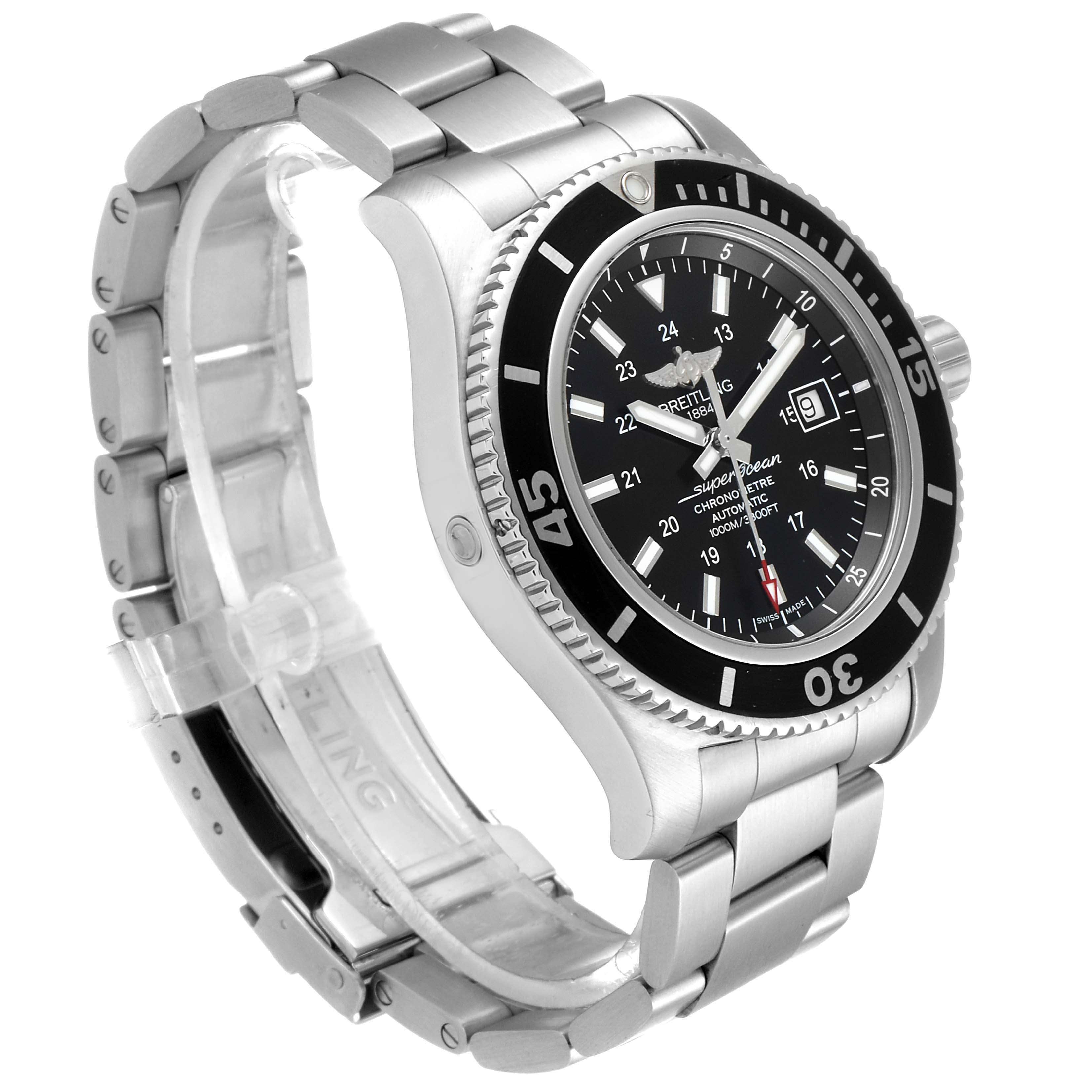 The Breitling Superocean A17392D8/C910 Men's Stainless Steel Black Dial A17392D8/C910 Men's Stainless Steel Black Dial watch is shown at a three-quarter angle, featuring its stainless steel bracelet, rotating bezel, and black dial.