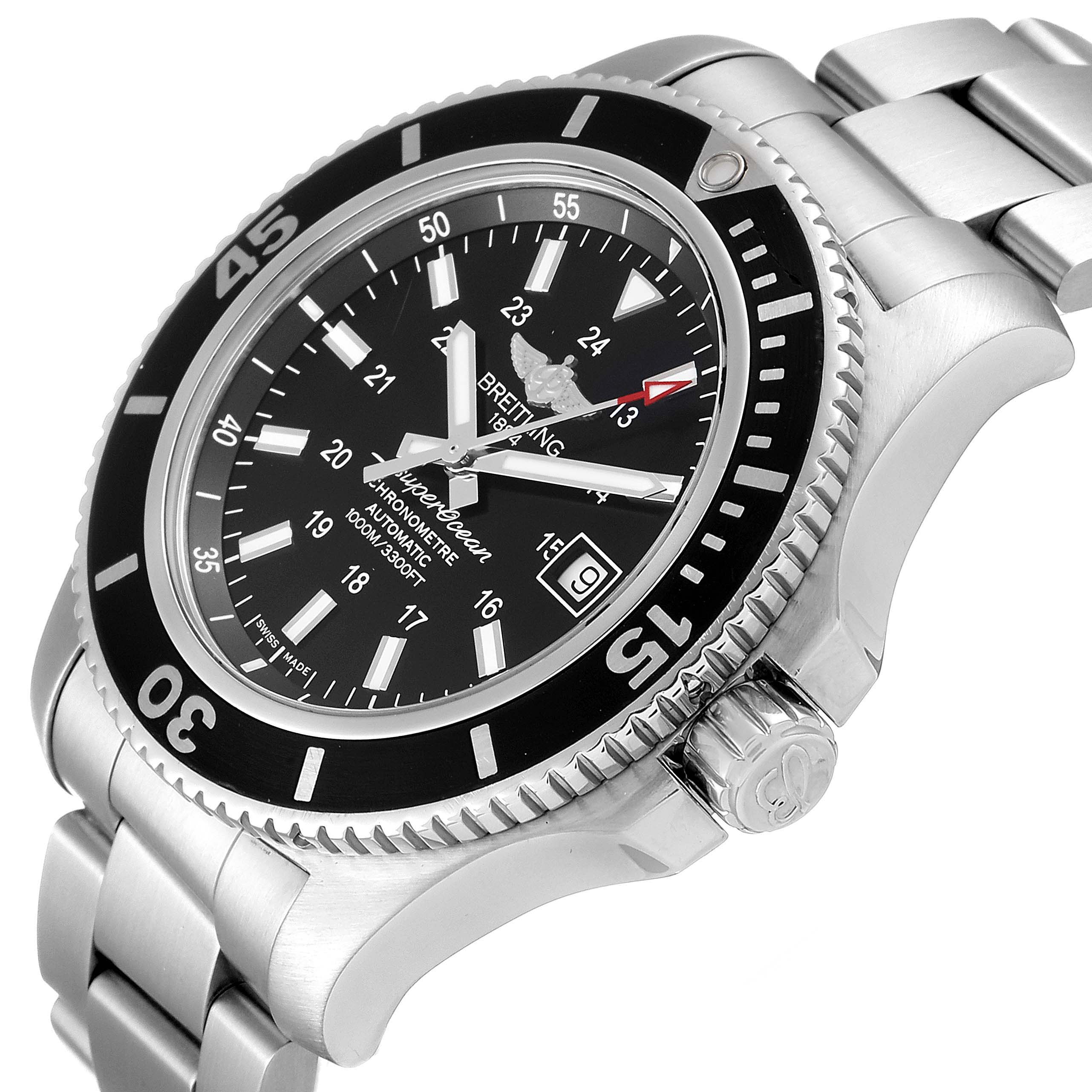 The image shows a Breitling Superocean A17392D8/C910 Men's Stainless Steel Black Dial A17392D8/C910 Men's Stainless Steel Black Dial watch at an angled perspective, highlighting the dial, bezel, and part of the bracelet.