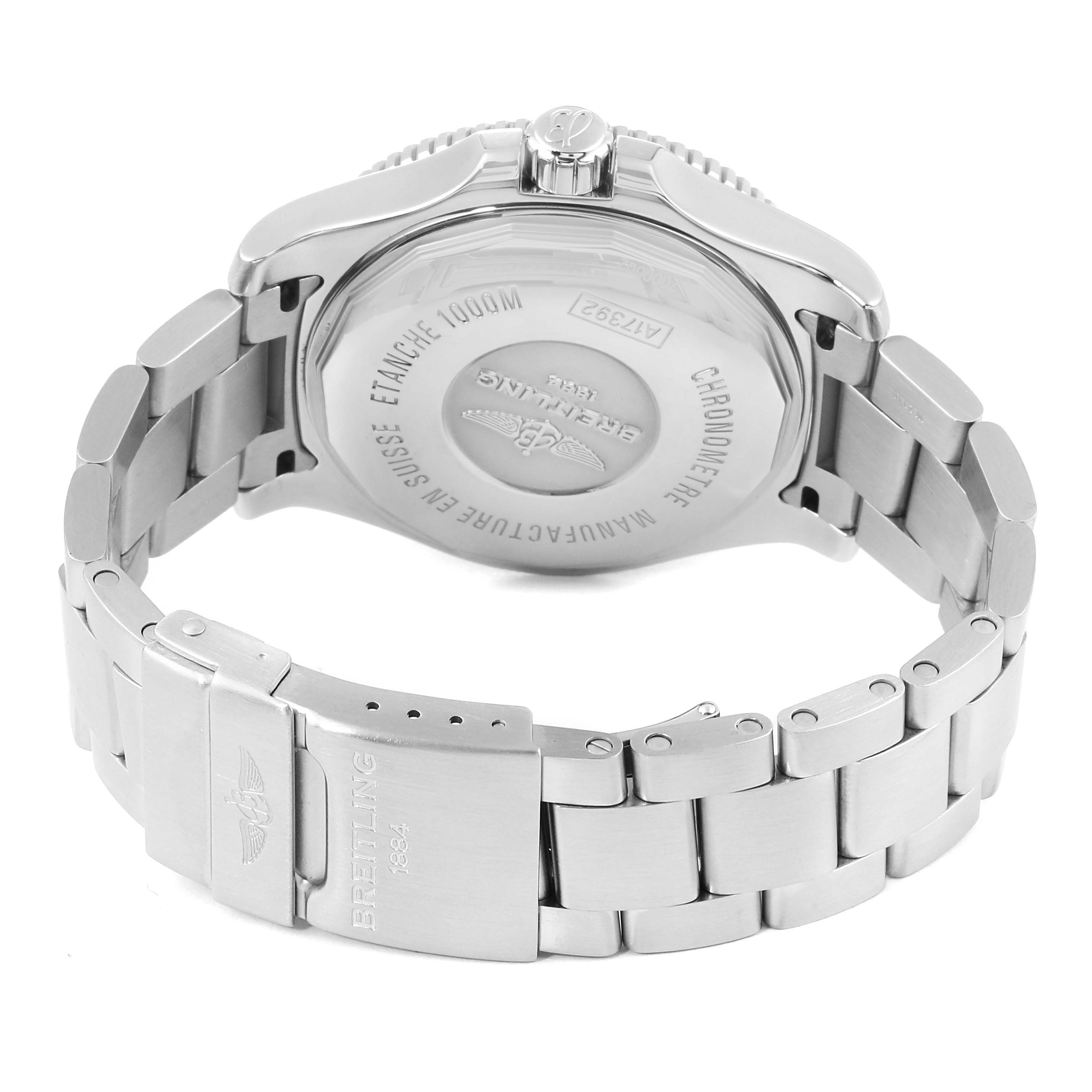 The image shows the back and clasp of the Breitling Superocean A17392D8/C910 Men's Stainless Steel Black Dial A17392D8/C910 Men's Stainless Steel Black Dial watch, highlighting the case back and stainless steel bracelet.