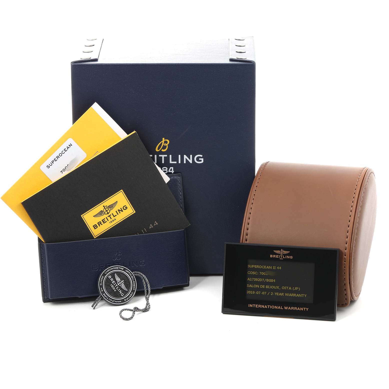 The image shows the packaging, warranty card, tags, and documents for a Breitling Superocean A17392D8/C910 Men's Stainless Steel Black Dial A17392D8/C910 Men's Stainless Steel Black Dial watch.