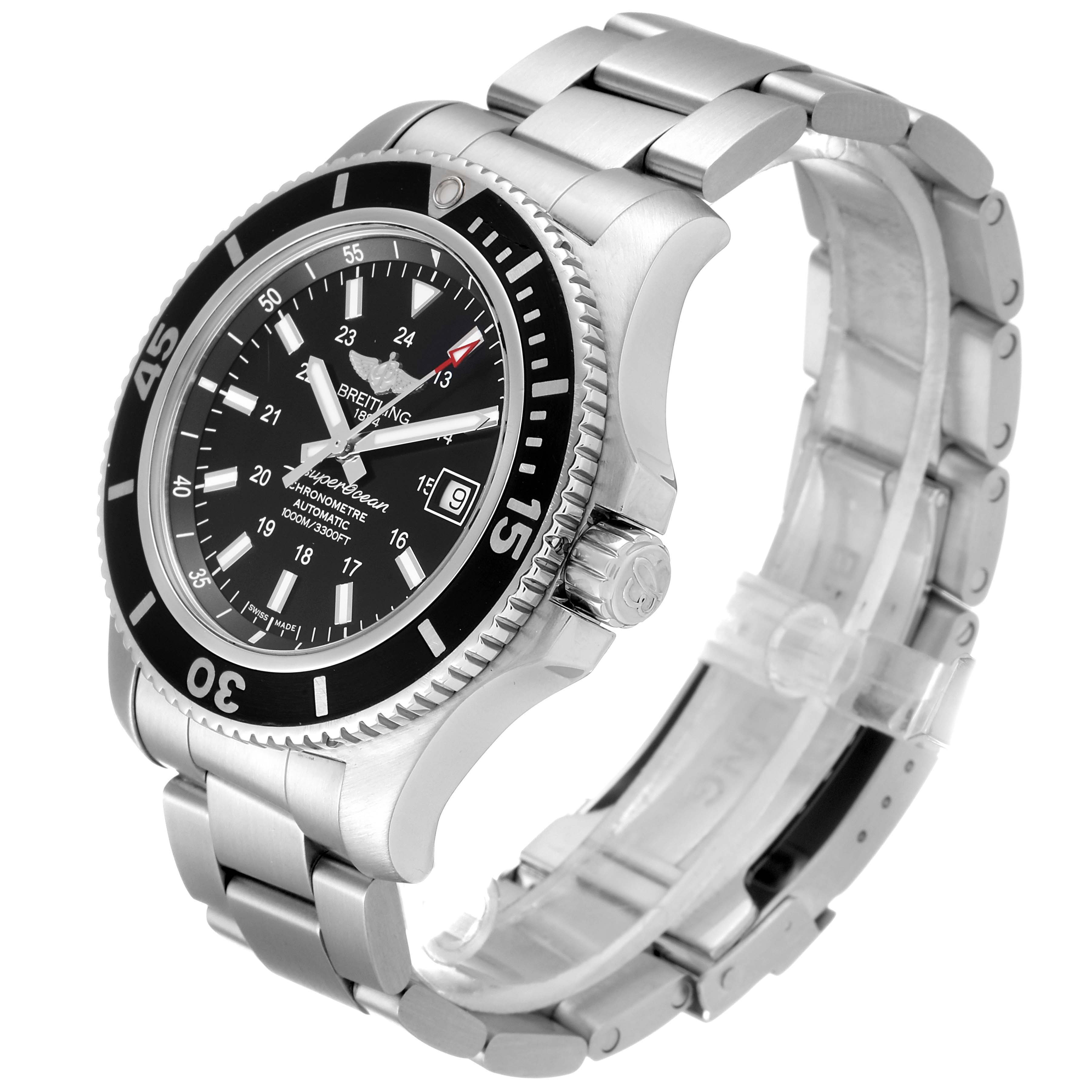 This image shows a Breitling Superocean A17392D8/C910 Men's Stainless Steel Black Dial A17392D8/C910 Men's Stainless Steel Black Dial watch at a front-side angle, highlighting the dial, bezel, case, and stainless steel bracelet.