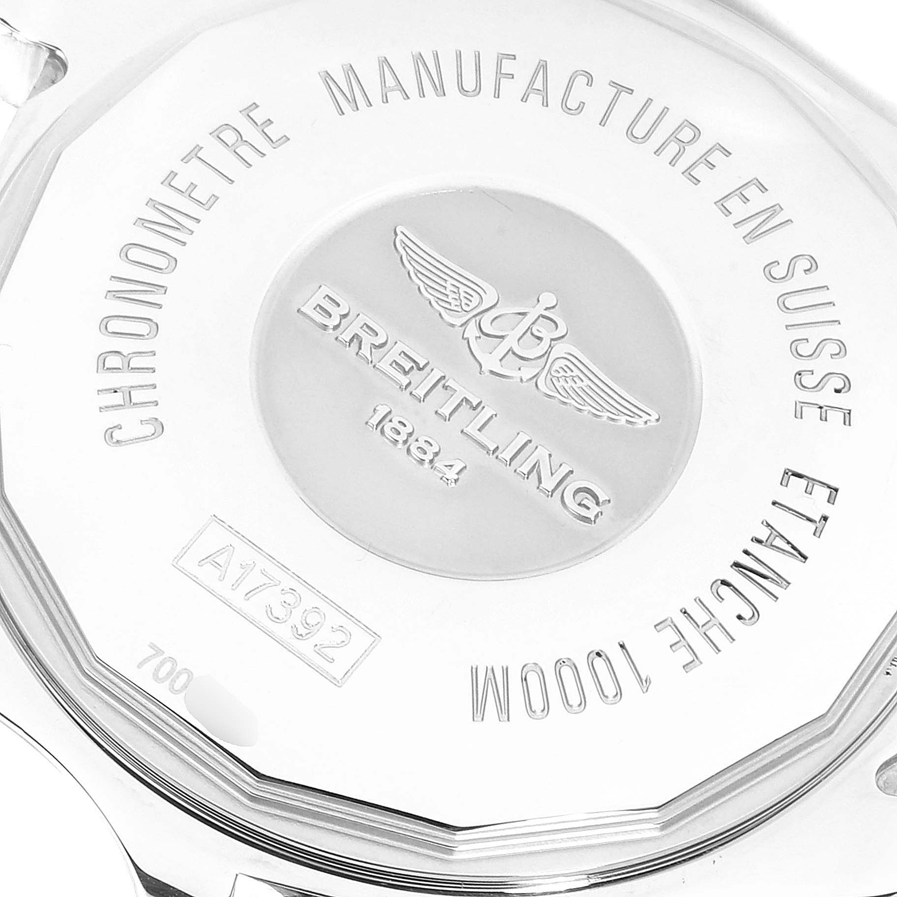 This image shows the back case of a Breitling Superocean A17392D8/C910 Men's Stainless Steel Black Dial A17392D8/C910 Men's Stainless Steel Black Dial watch, featuring brand engravings and specifications.