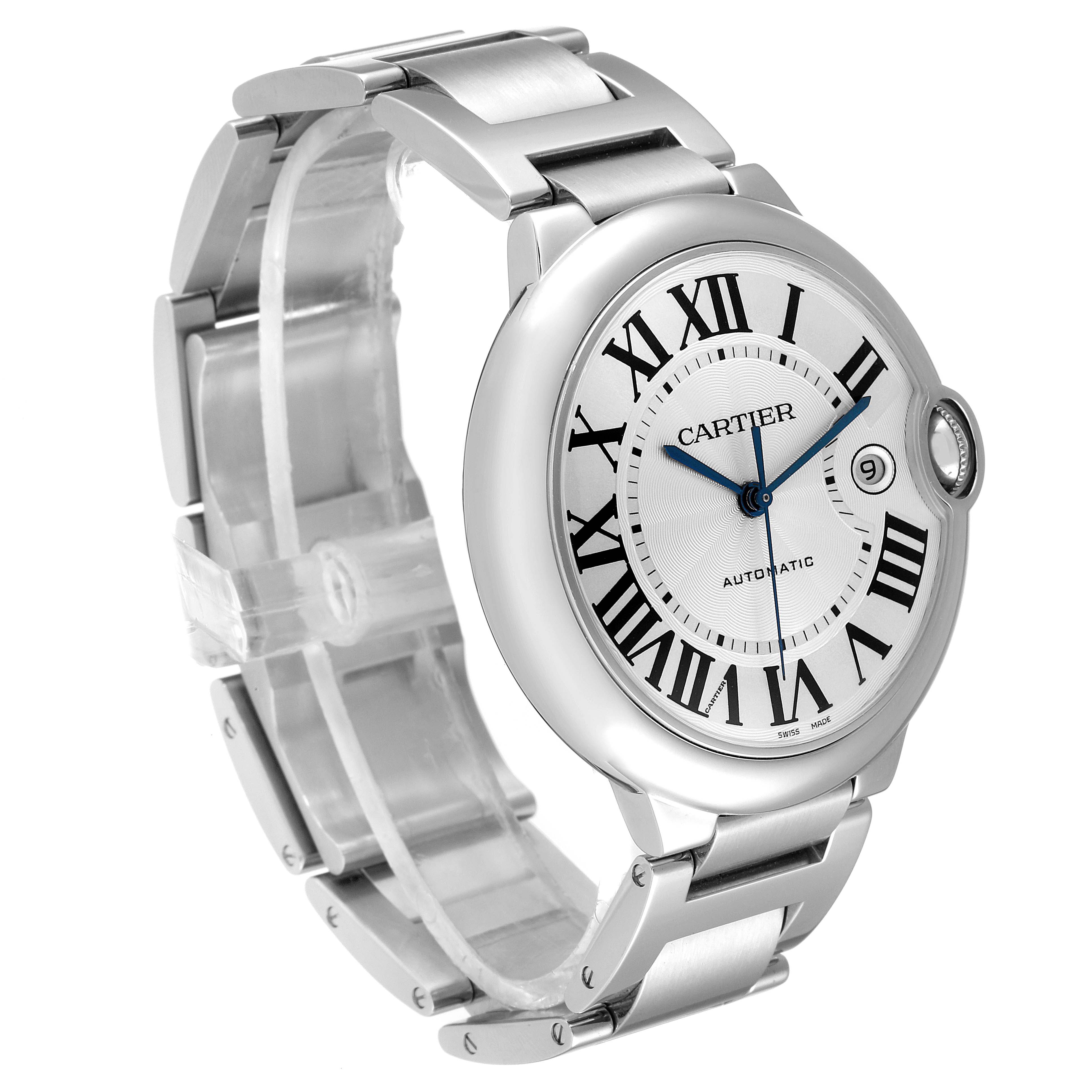 The image shows a side-angle view of a Cartier Ballon Bleu W69012Z4 Men's Stainless Steel Silver Dial W69012Z4 Men's Stainless Steel Silver Dial watch, highlighting its case, dial, and part of the bracelet.