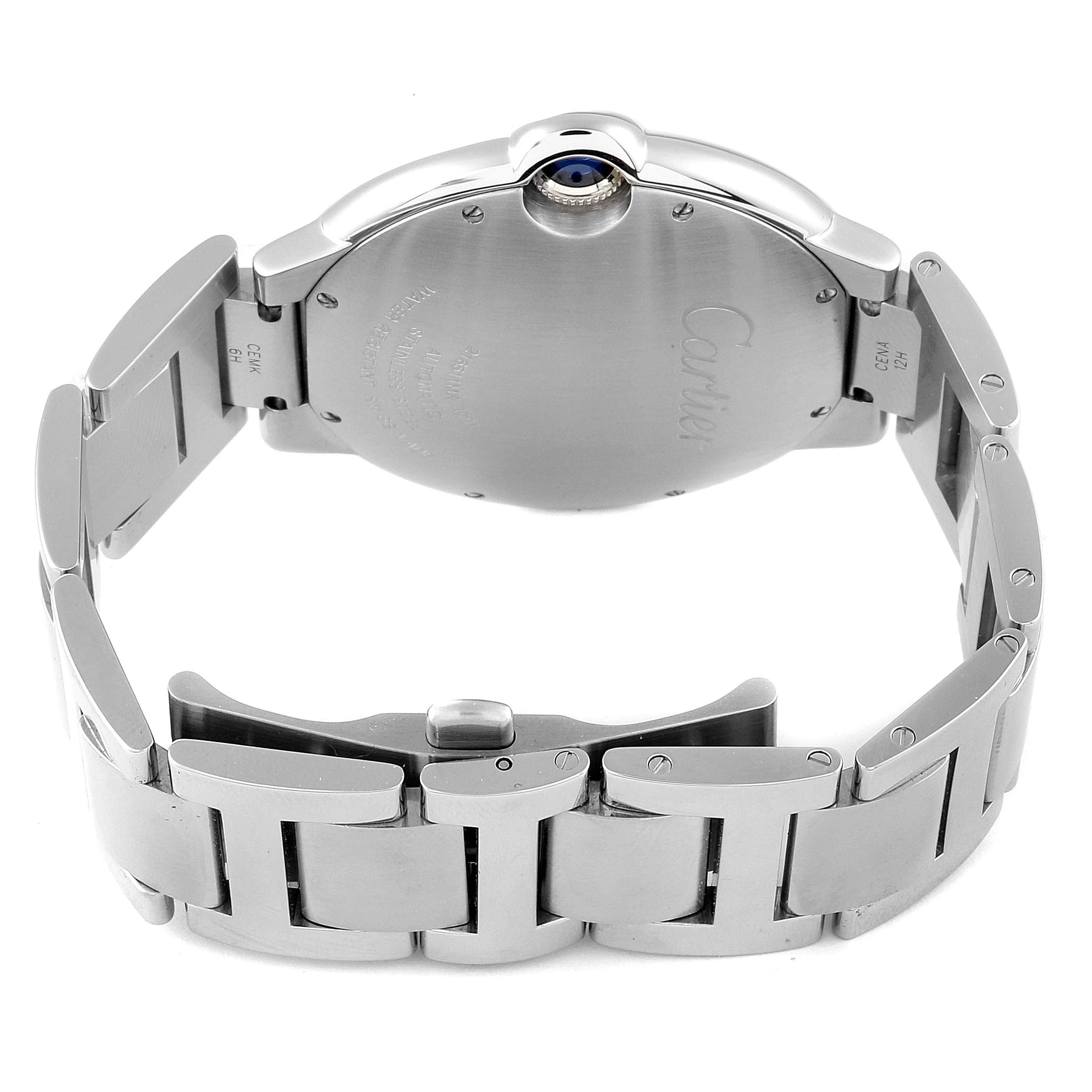 The image shows the back and bracelet clasp of a Cartier Ballon Bleu W69012Z4 Men's Stainless Steel Silver Dial W69012Z4 Men's Stainless Steel Silver Dial watch.