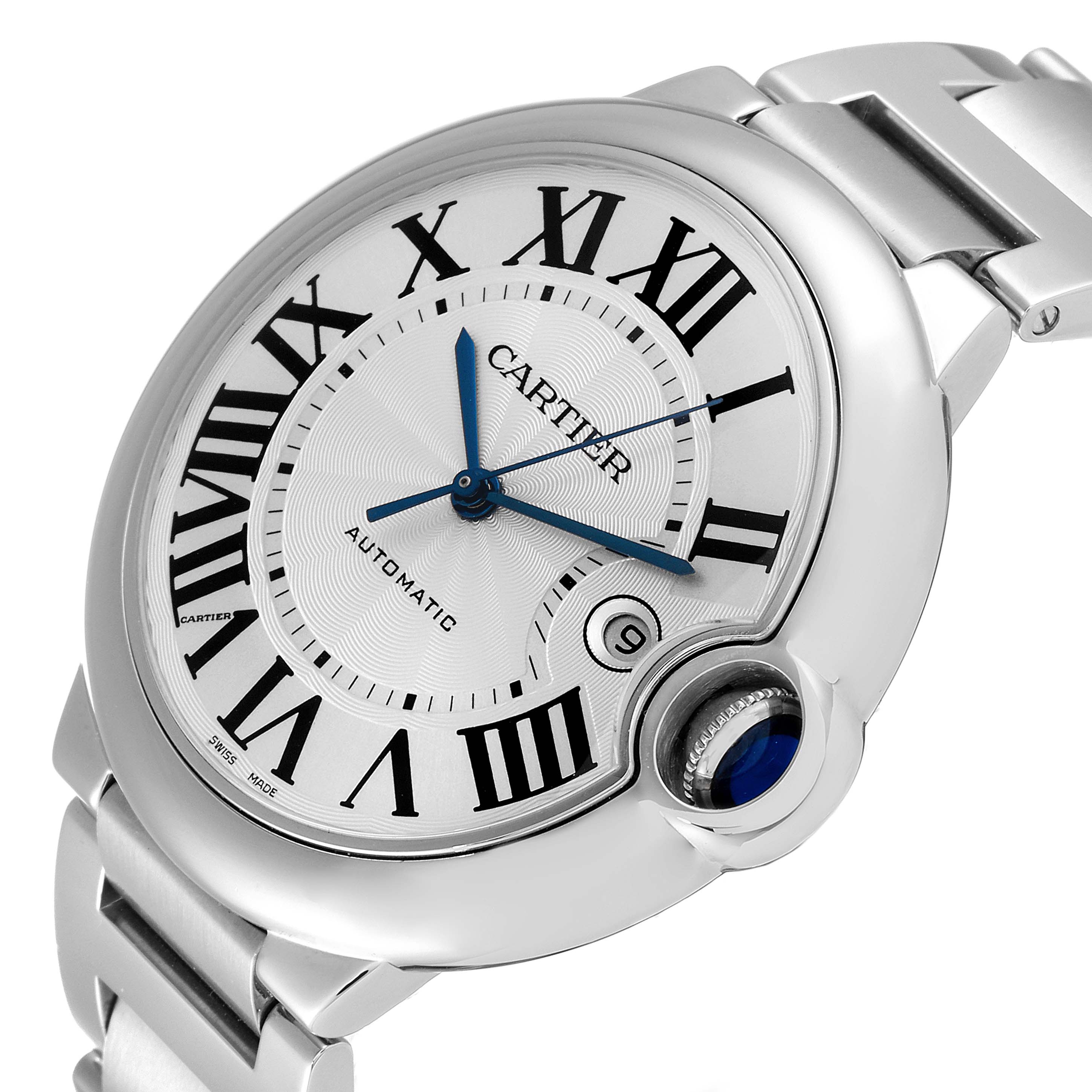 This image is a close-up of the face and partial bracelet of a Cartier Ballon Bleu W69012Z4 Men's Stainless Steel Silver Dial W69012Z4 Men's Stainless Steel Silver Dial watch, showing its Roman numerals, blue hands, and crown.