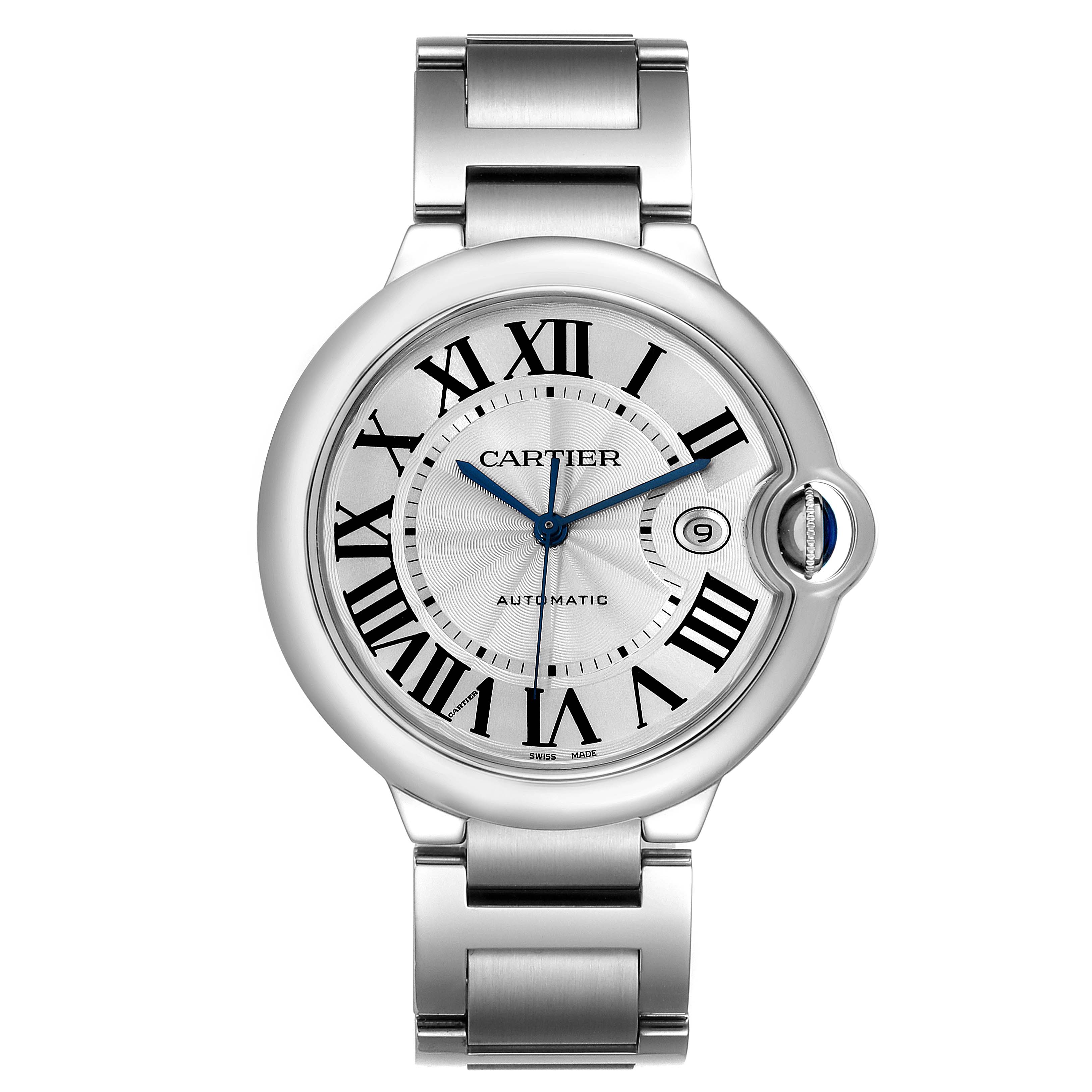 The image shows a front view of a Ballon Bleu model by Cartier, displaying the watch face and part of the bracelet.