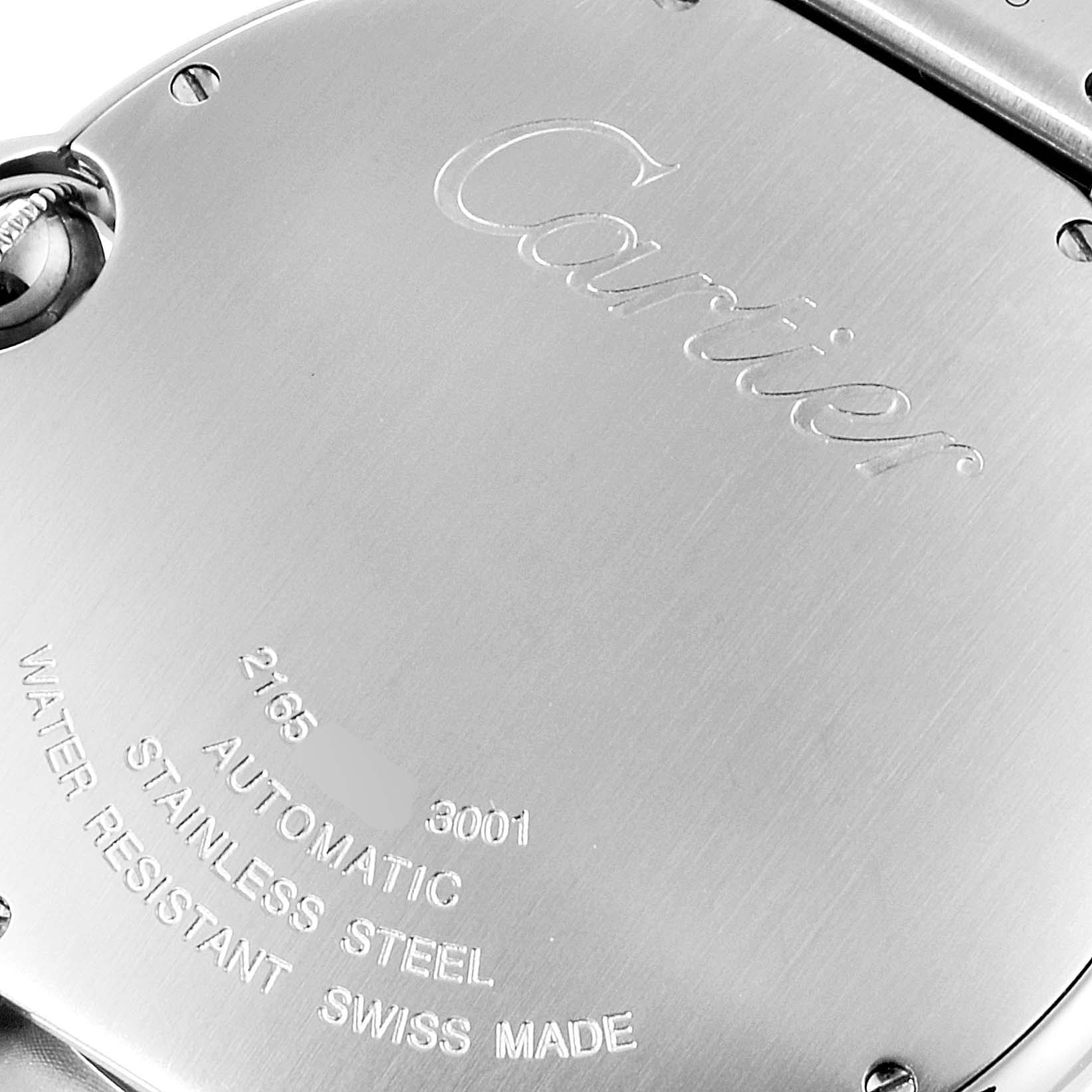 This image shows the back case of the Ballon Bleu model by Cartier, highlighting the engraved brand name and specifications.