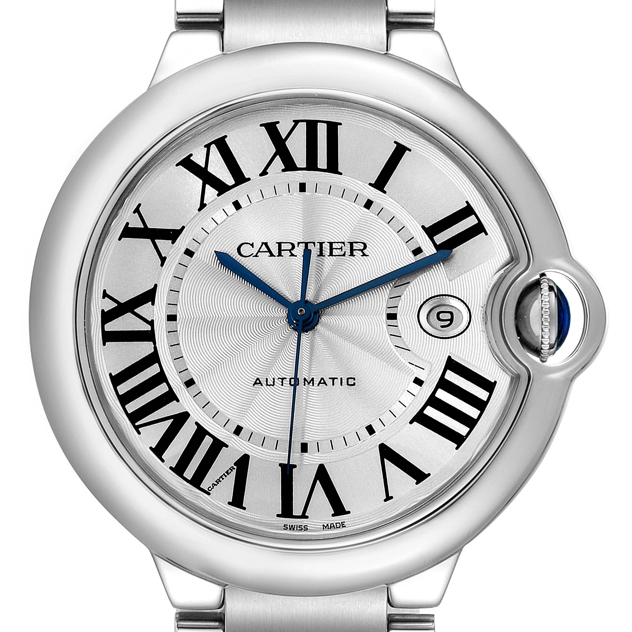 This image shows a frontal view of the Cartier Ballon Bleu W69012Z4 Men's Stainless Steel Silver Dial W69012Z4 Men's Stainless Steel Silver Dial watch, featuring its detailed face, roman numerals, and crown with a blue cabochon.