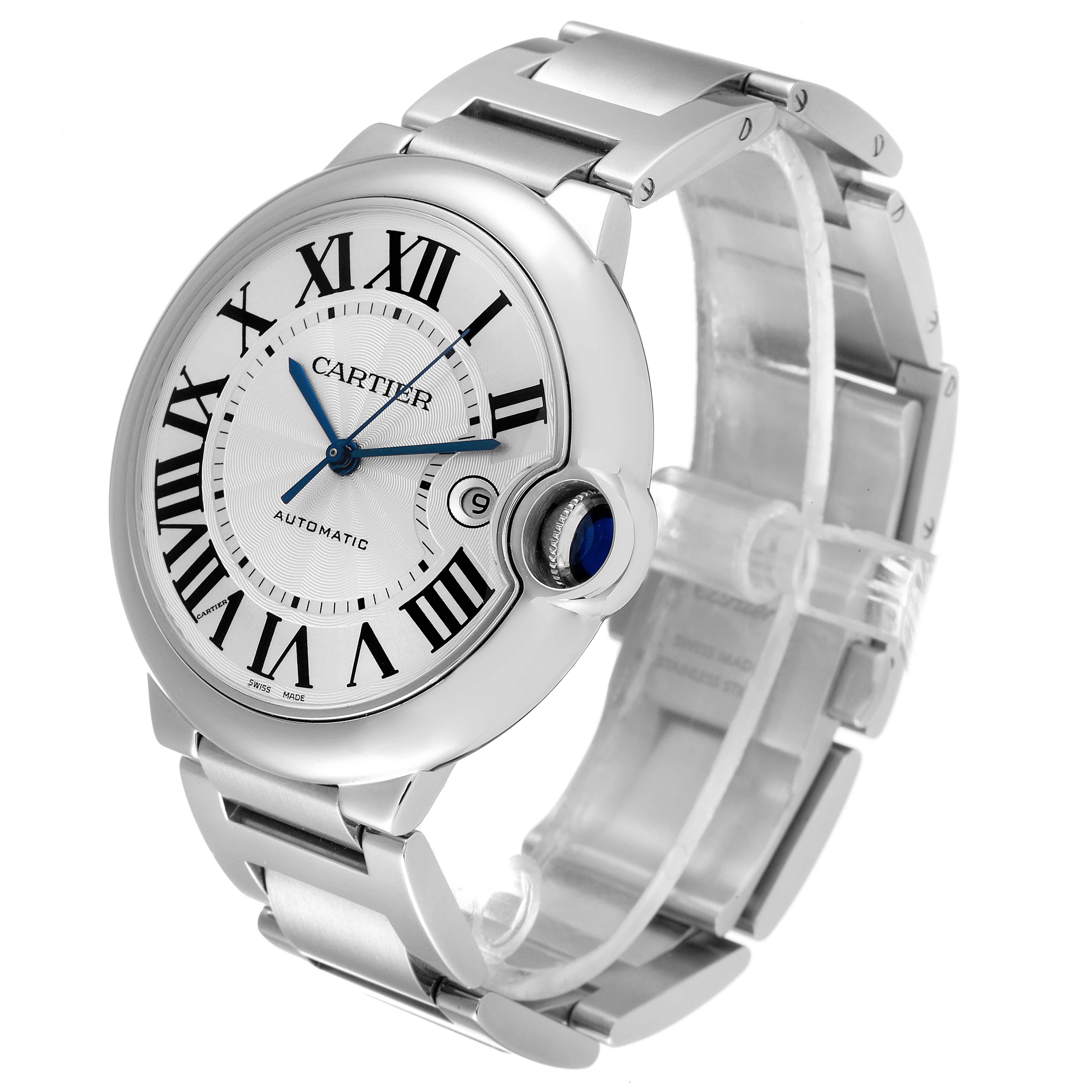 The image shows a Ballon Bleu model by Cartier at a three-quarter angle, highlighting the watch face, Roman numerals, and stainless steel band.