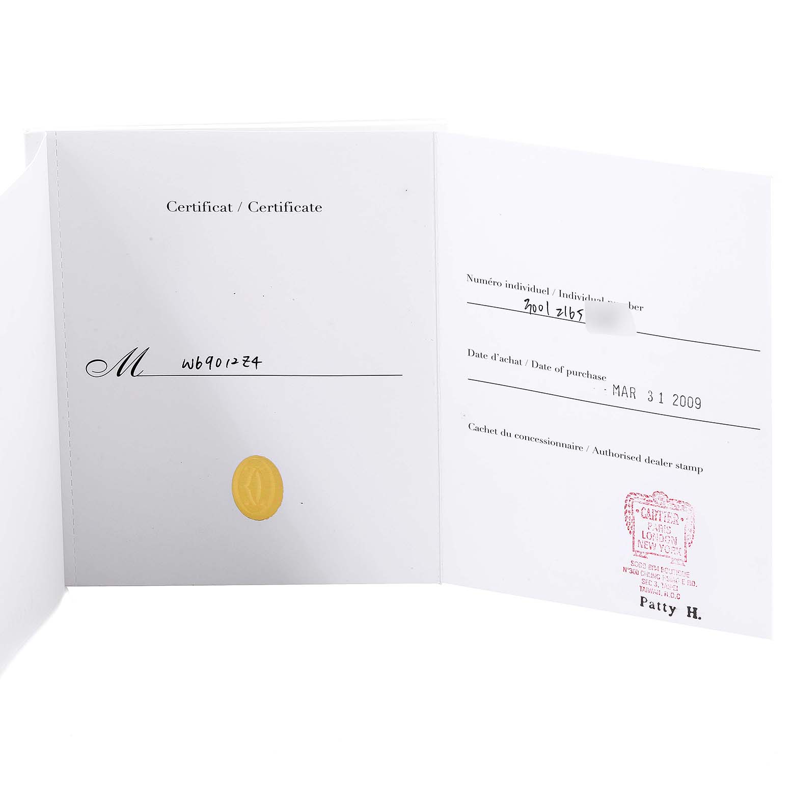 This image shows an open certificate of authenticity for a Cartier Ballon Bleu W69012Z4 Men's Stainless Steel Silver Dial W69012Z4 Men's Stainless Steel Silver Dial watch, displaying purchase info and dealer stamp.