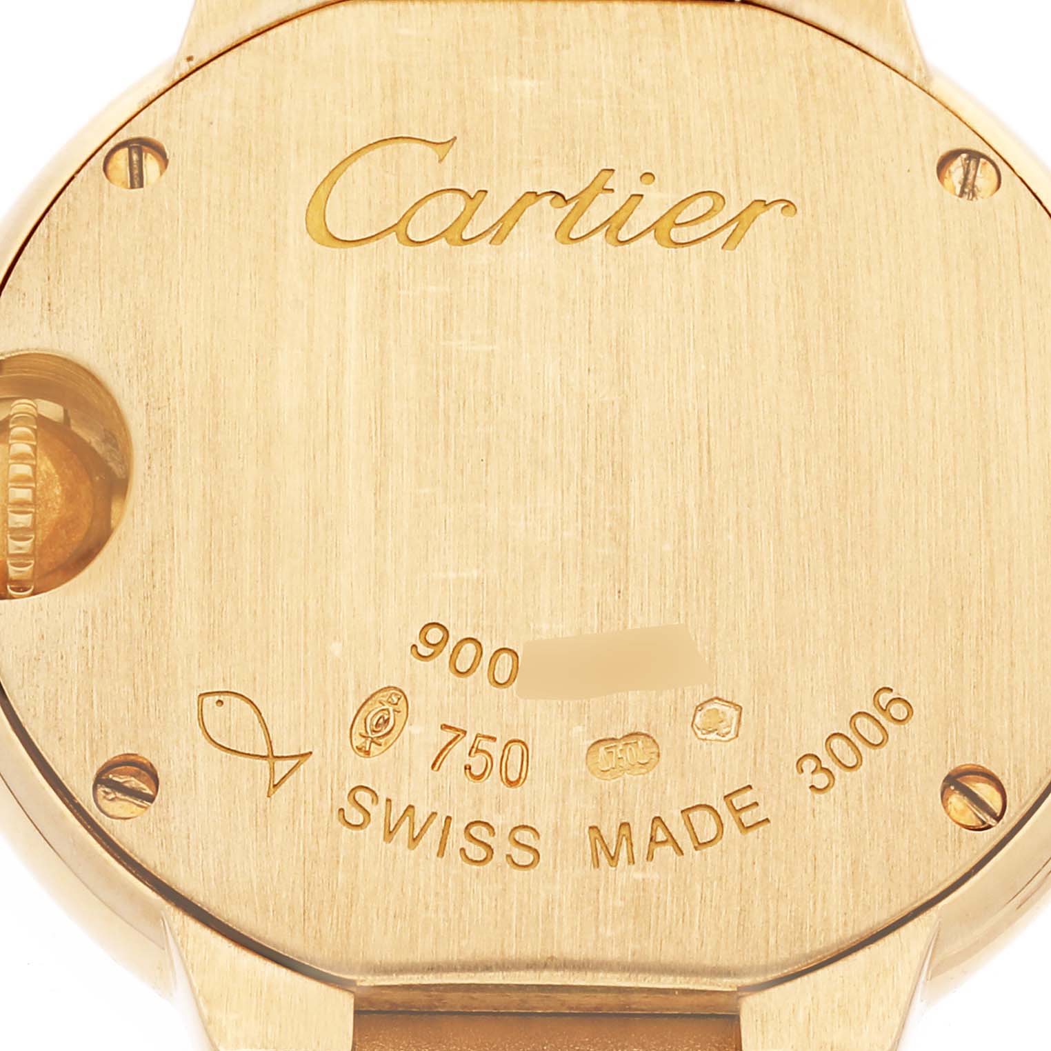 This image shows the back case of a Ballon Bleu watch by Cartier, highlighting the inscriptions and hallmarks.