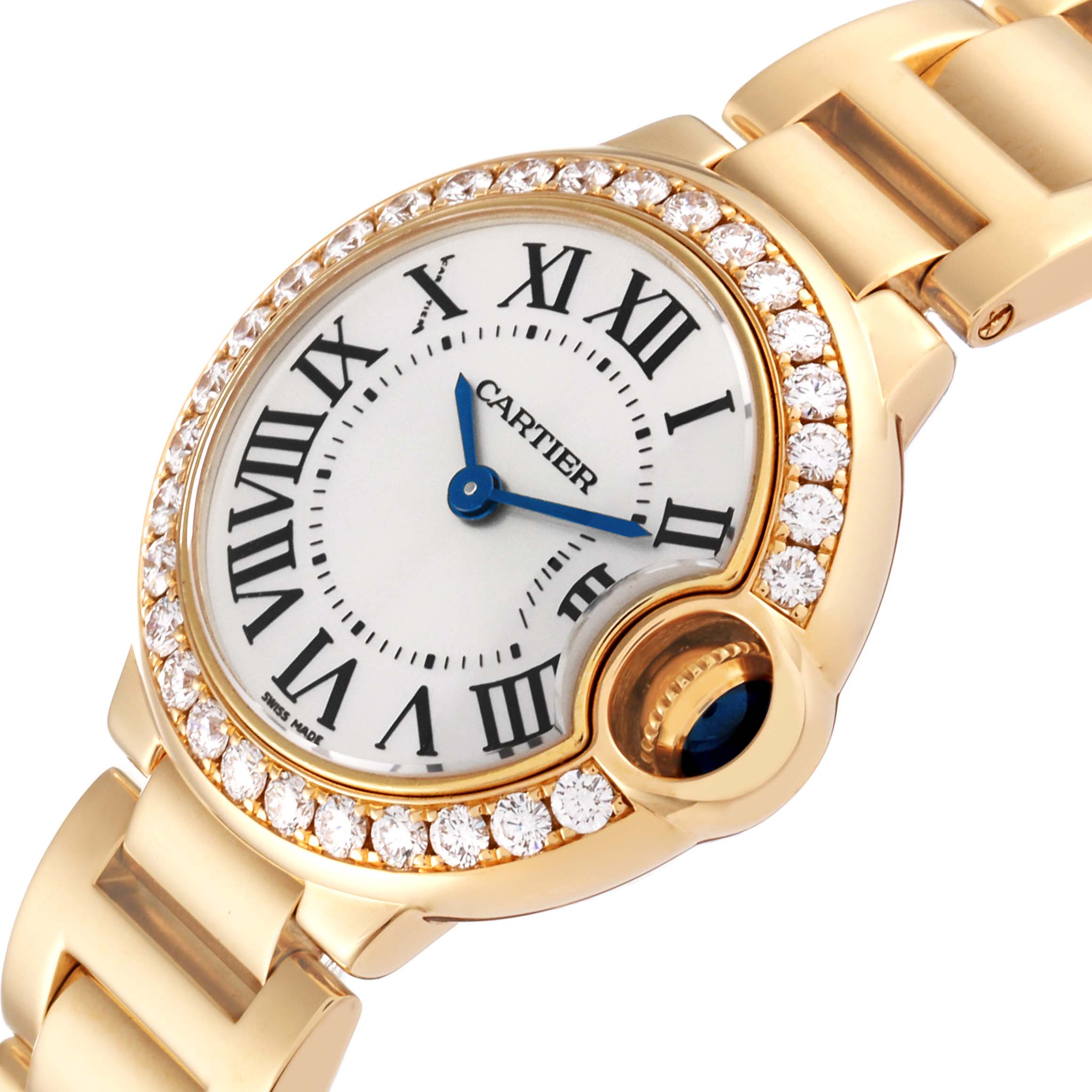 The image shows a close-up of the Cartier Ballon Bleu WE9001Z3 Women's Yellow Gold Silver Dial WE9001Z3 Women's Yellow Gold Silver Dial watch face, bezel with diamonds, and part of the gold bracelet.