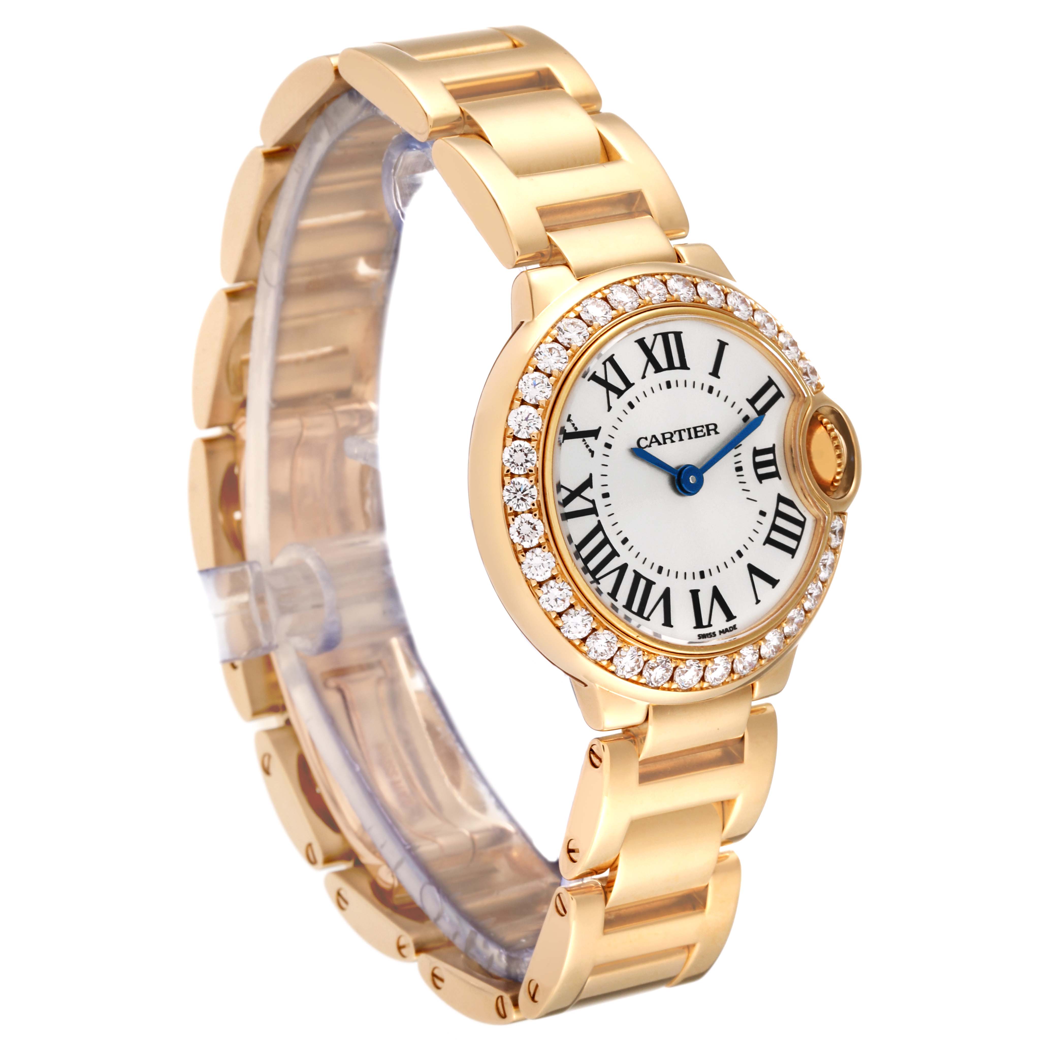 The watch is a Cartier Ballon Bleu WE9001Z3 Women's Yellow Gold Silver Dial WE9001Z3 Women's Yellow Gold Silver Dial model, shown at an angle highlighting its face, bracelet, and diamond-set bezel.