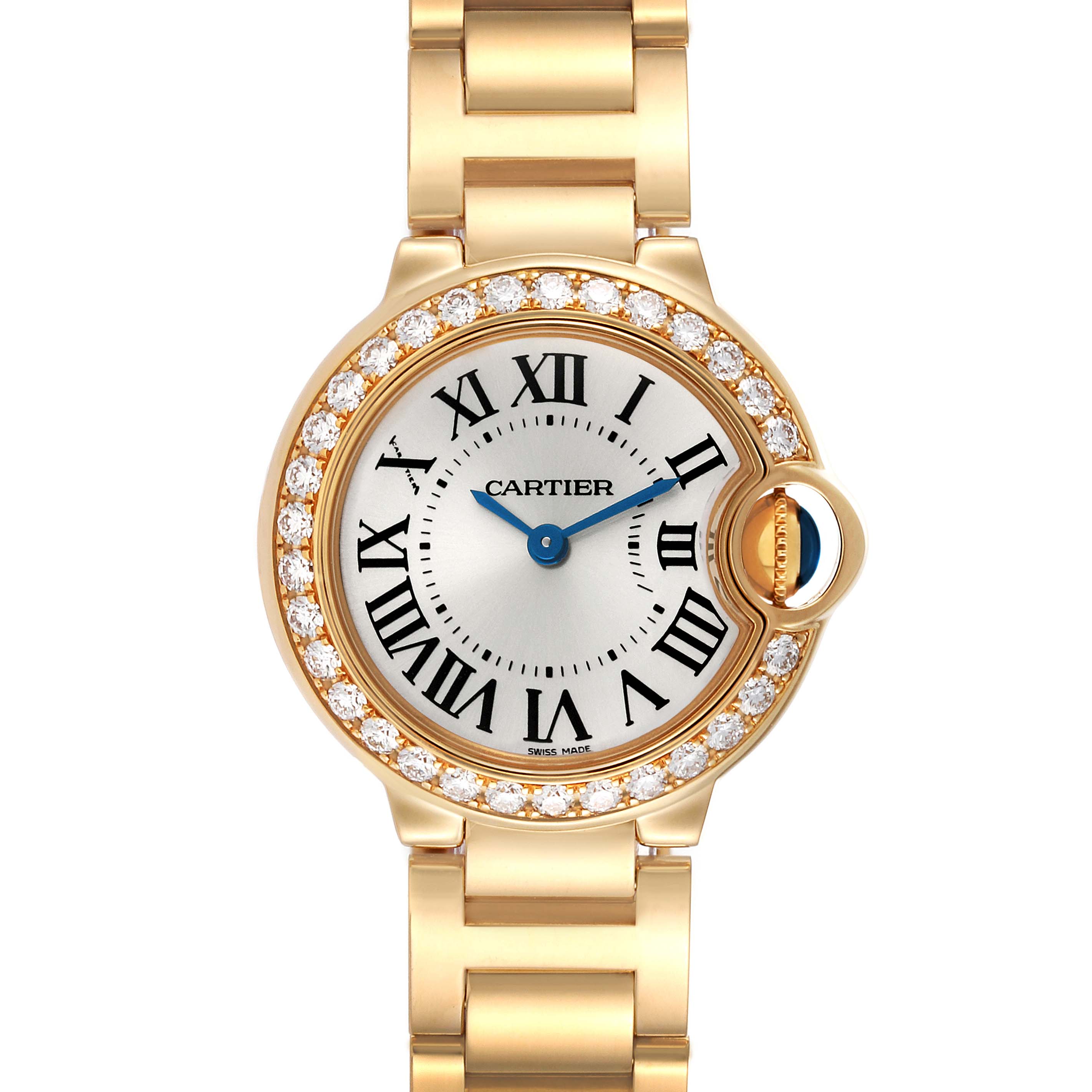 This image shows a front view of a Cartier Ballon Bleu WE9001Z3 Women's Yellow Gold Silver Dial WE9001Z3 Women's Yellow Gold Silver Dial watch with a gold band and diamond-encrusted bezel.