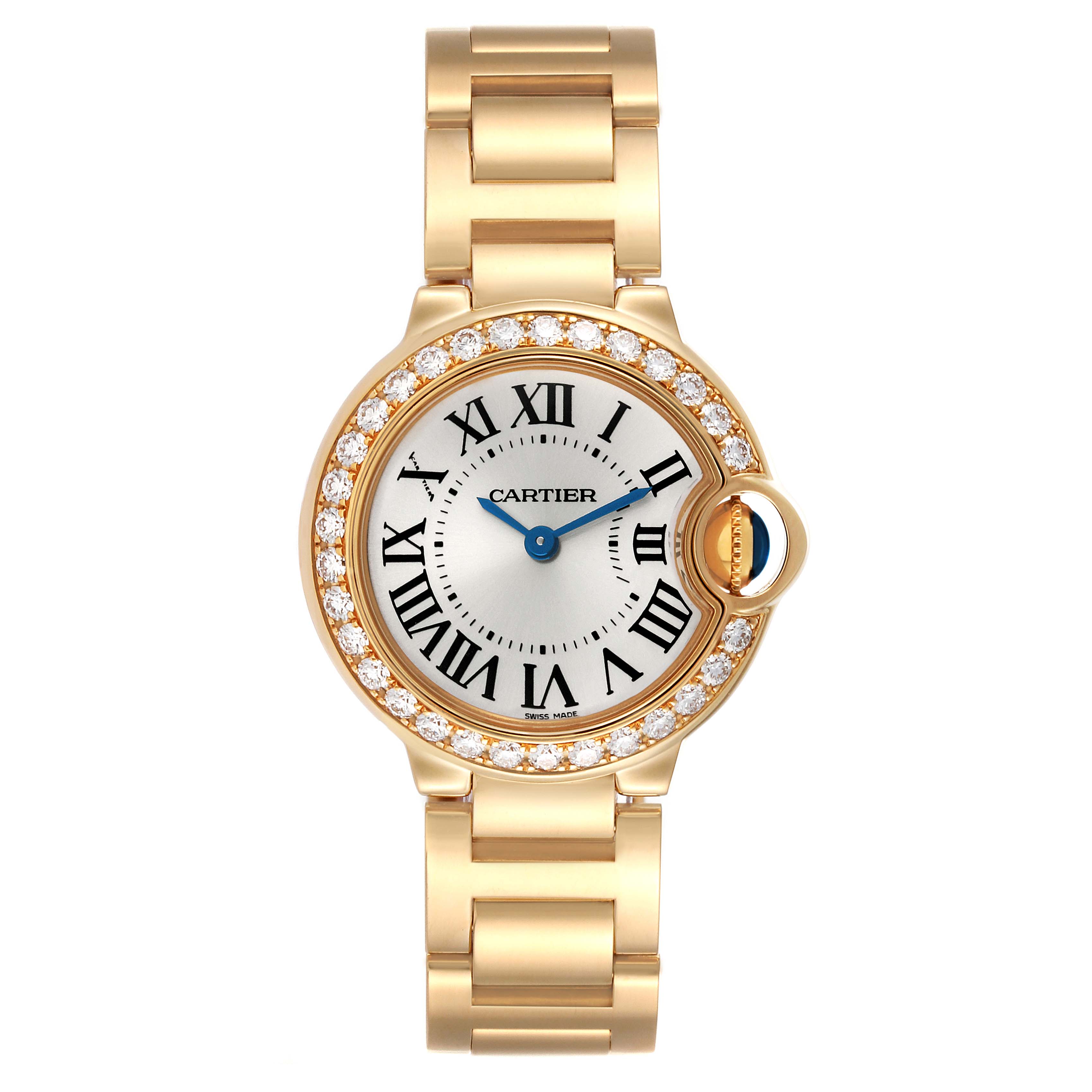 This image shows a top-down view of the Cartier Ballon Bleu WE9001Z3 Women's Yellow Gold Silver Dial WE9001Z3 Women's Yellow Gold Silver Dial watch, highlighting its face, bezel, and part of the bracelet.