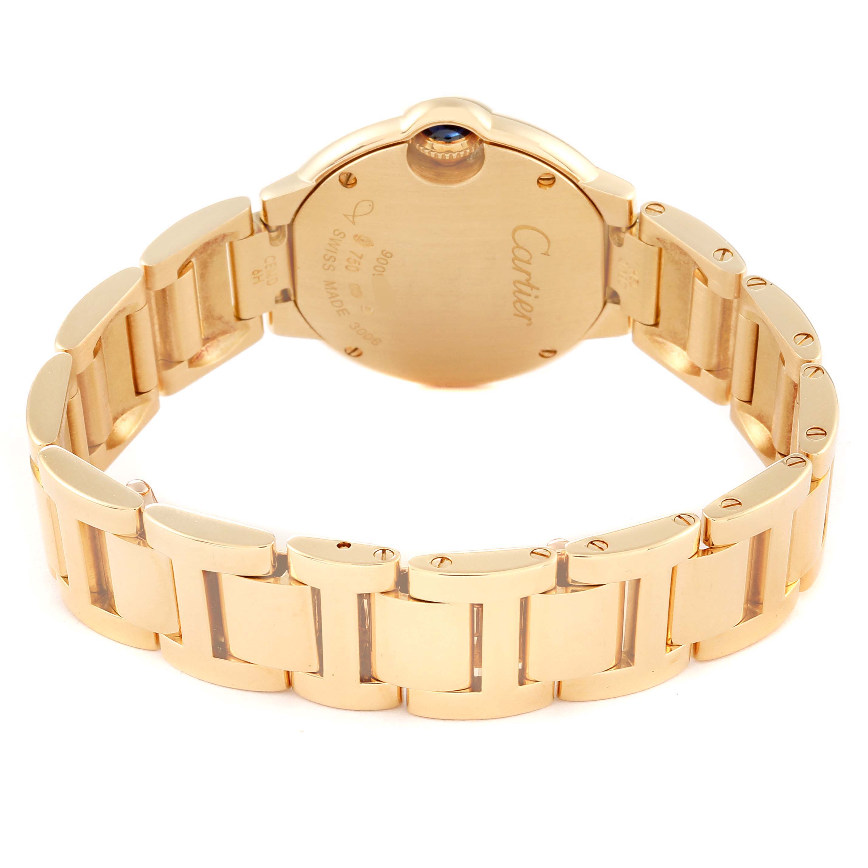 The image shows the back of the Cartier Ballon Bleu WE9001Z3 Women's Yellow Gold Silver Dial WE9001Z3 Women's Yellow Gold Silver Dial watch, focusing on the case back and the metal bracelet.