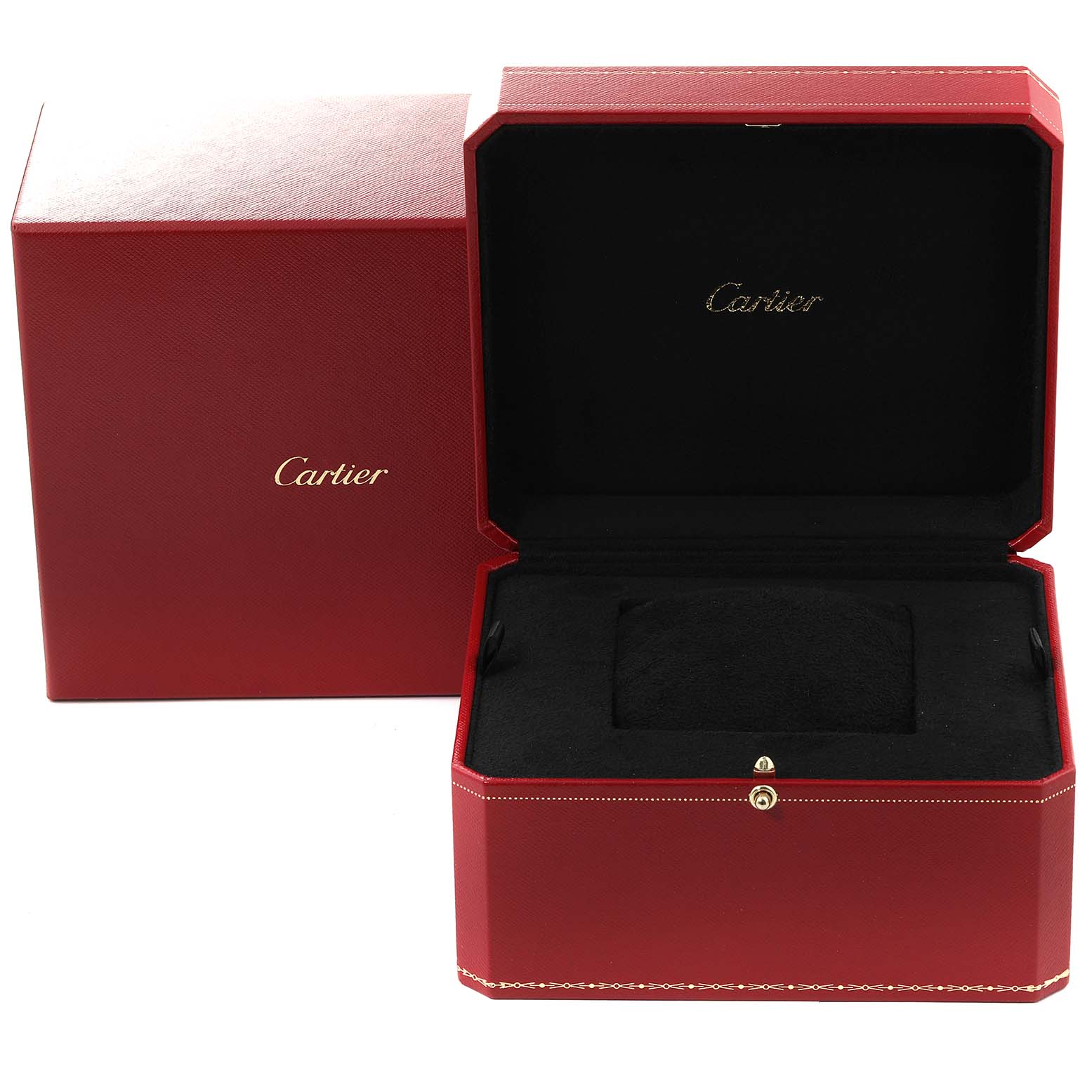 This image shows an open red Cartier watch box, likely for the Ballon Bleu model, displaying its interior.