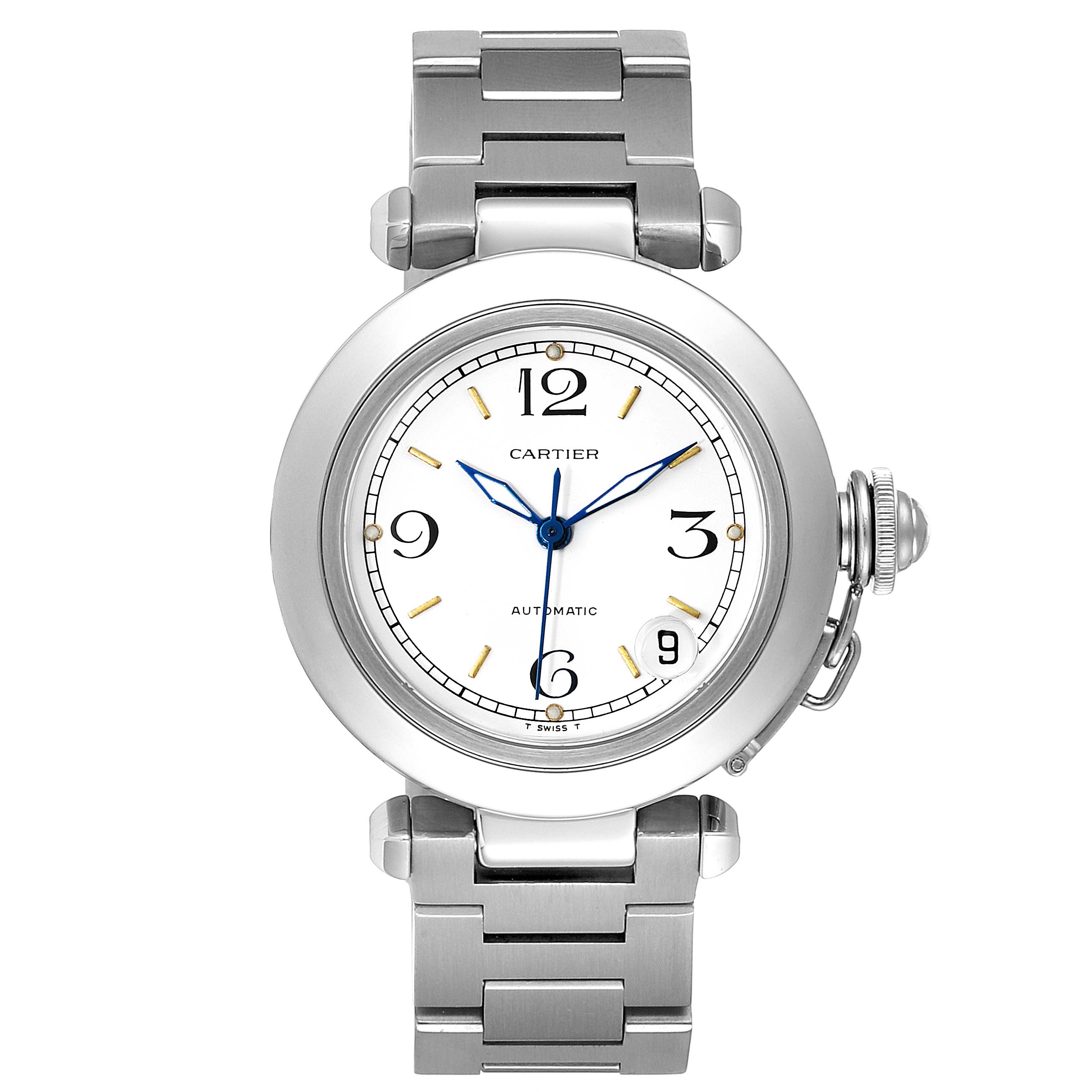 This image shows a Cartier Pasha W31044M7 Men's Stainless Steel White Dial W31044M7 Men's Stainless Steel White Dial watch, including its face, bracelet, and crown, in a front-facing angle.