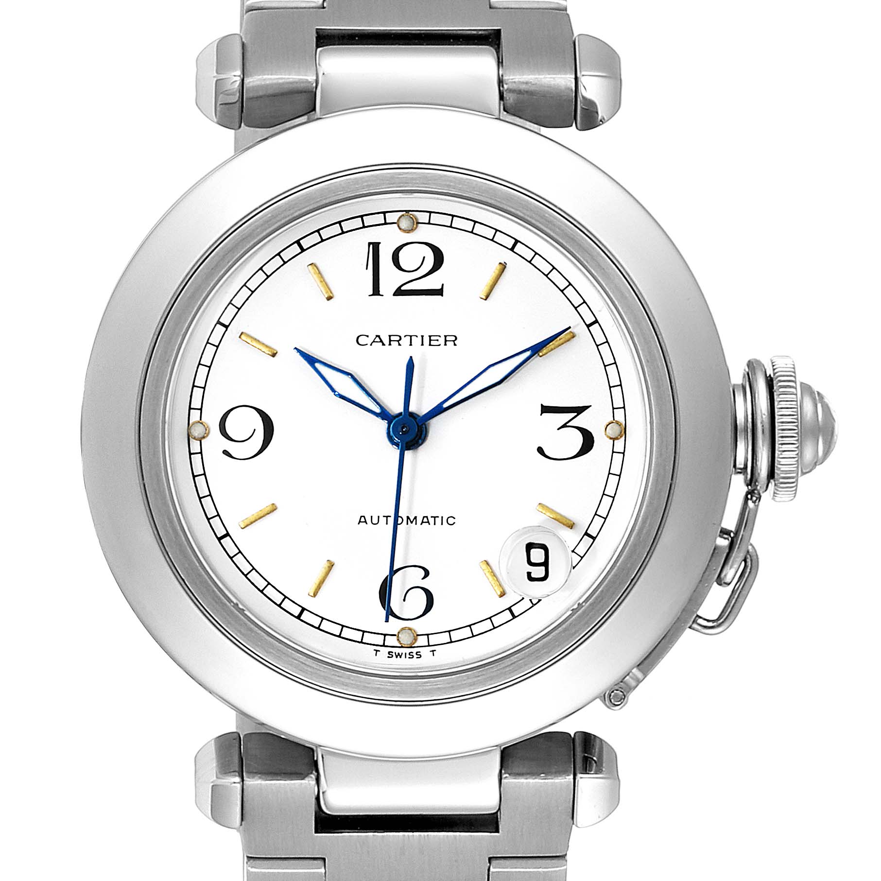 This image shows a frontal view of a Cartier Pasha W31044M7 Men's Stainless Steel White Dial W31044M7 Men's Stainless Steel White Dial watch, displaying the dial, numerals, watch hands, crown, and part of the bracelet.