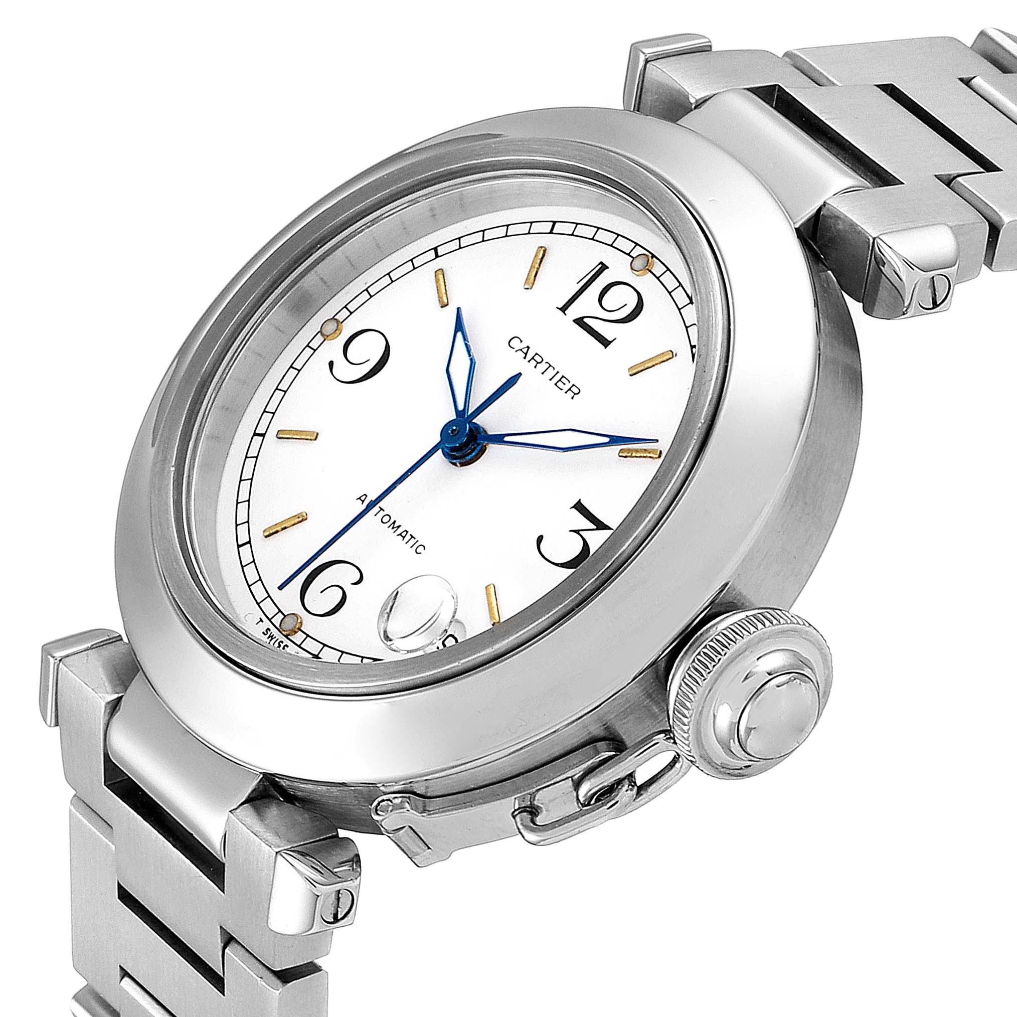 The image shows a top and side view of the Cartier Pasha W31044M7 Men's Stainless Steel White Dial W31044M7 Men's Stainless Steel White Dial watch, highlighting the dial, crown, and part of the bracelet.