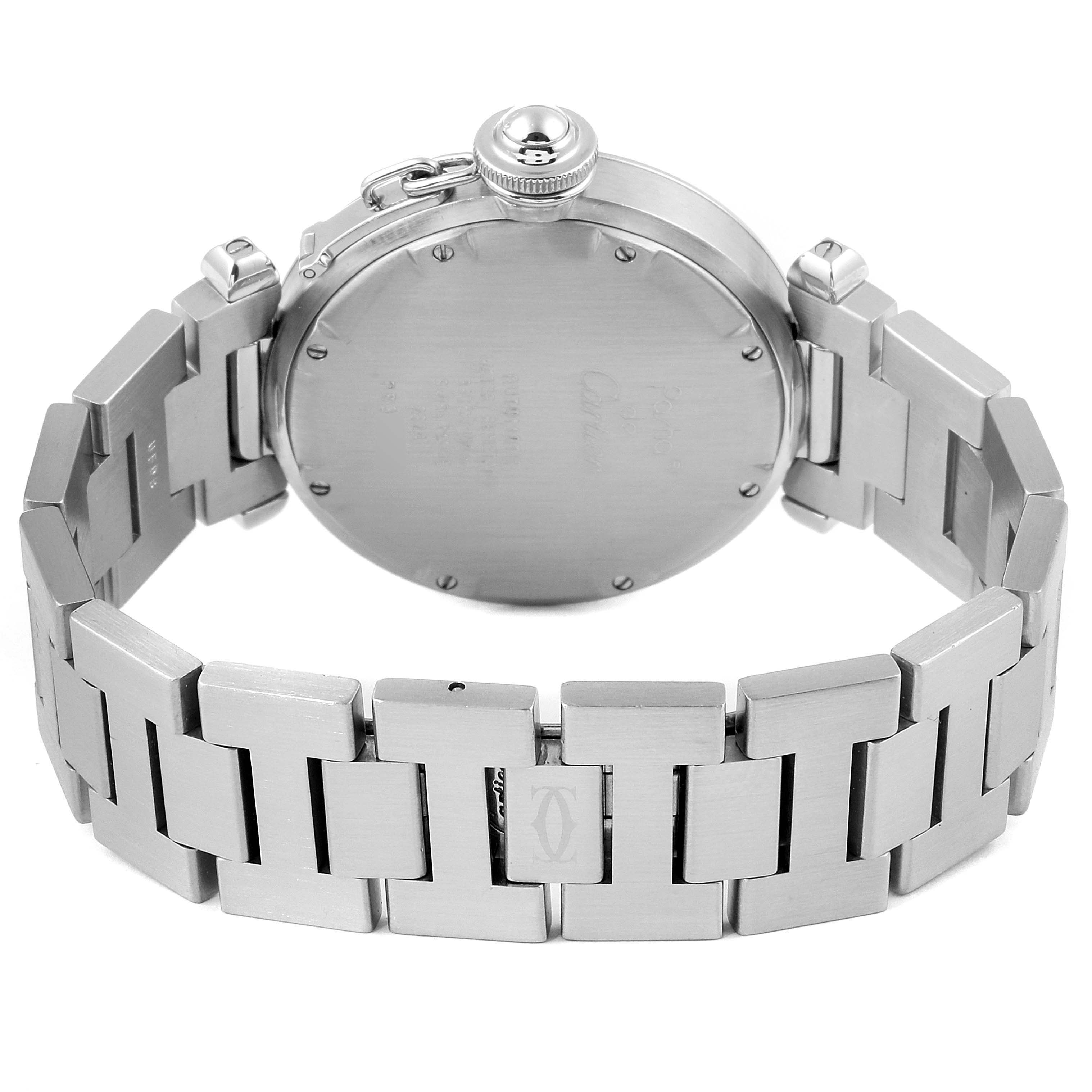 The image shows the back of the Cartier Pasha W31044M7 Men's Stainless Steel White Dial W31044M7 Men's Stainless Steel White Dial watch, including the case back and stainless steel bracelet.