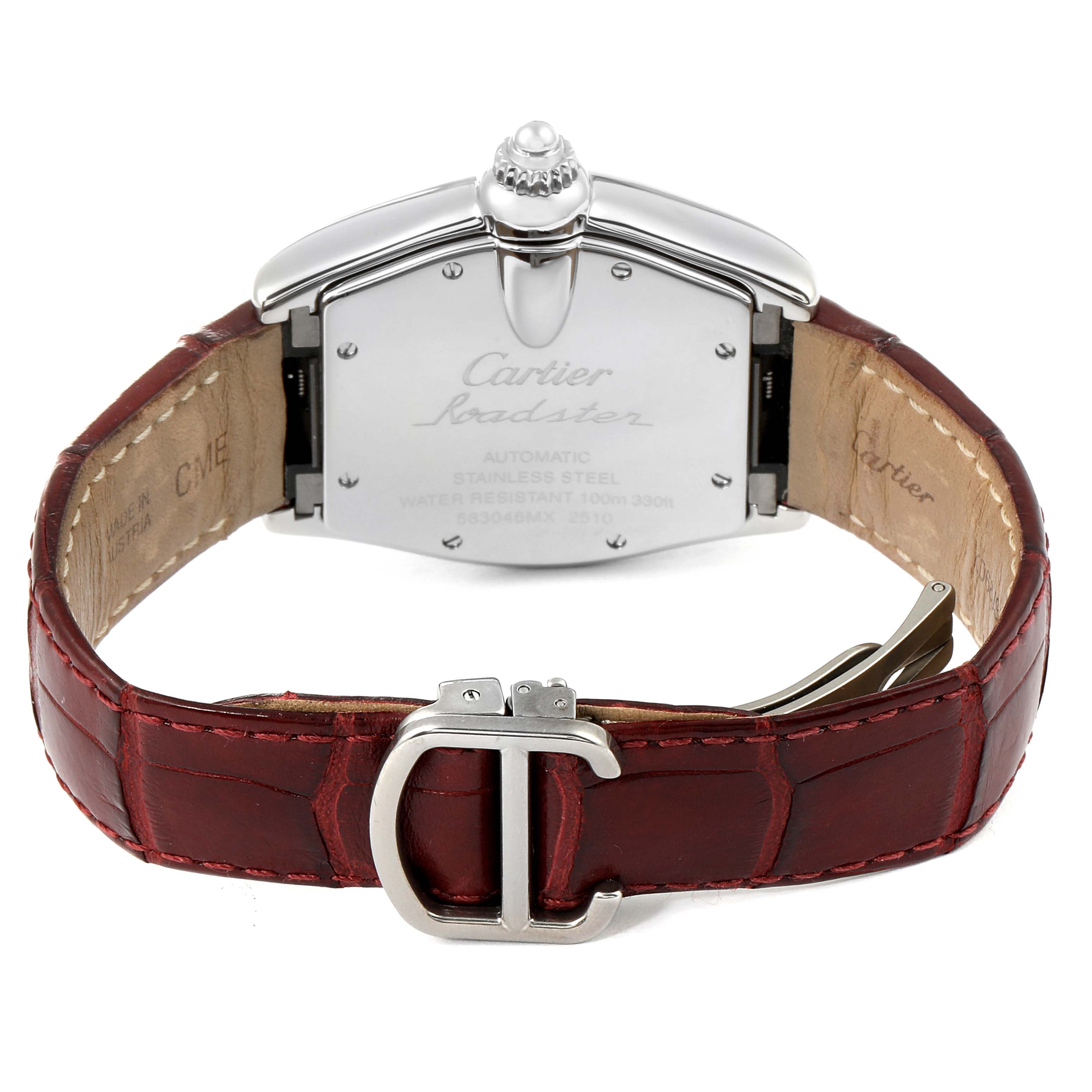 This image shows the back of a Cartier Roadster W62025V3 Men's Stainless Steel Silver Dial W62025V3 Men's Stainless Steel Silver Dial watch with a visible clasp and a brown leather strap.