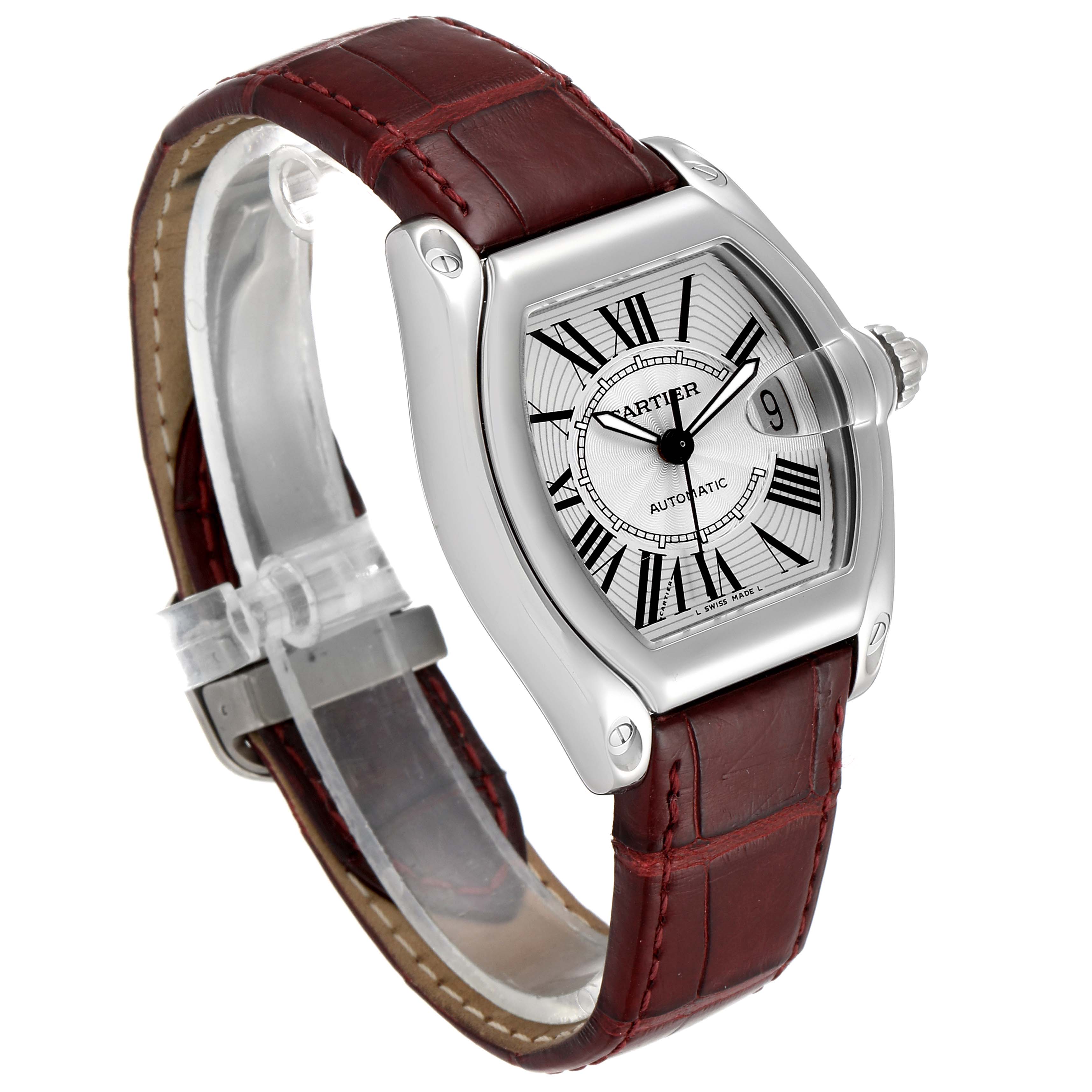 The image shows a Cartier Roadster W62025V3 Men's Stainless Steel Silver Dial W62025V3 Men's Stainless Steel Silver Dial watch from a tilted angle, highlighting its face, case, and leather strap.