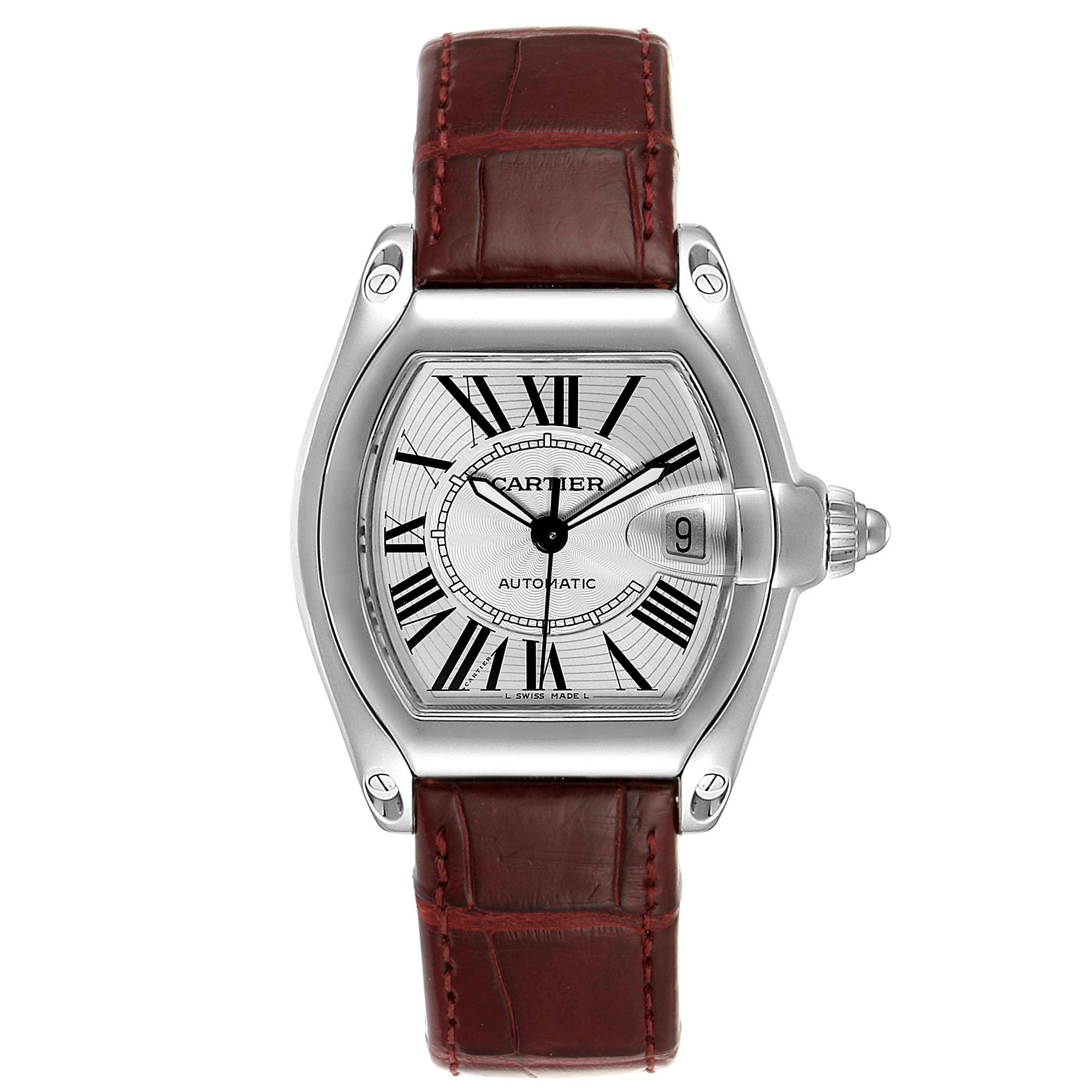 The image shows a front view of the Cartier Roadster W62025V3 Men's Stainless Steel Silver Dial W62025V3 Men's Stainless Steel Silver Dial watch, highlighting its face, bezel, and leather strap.