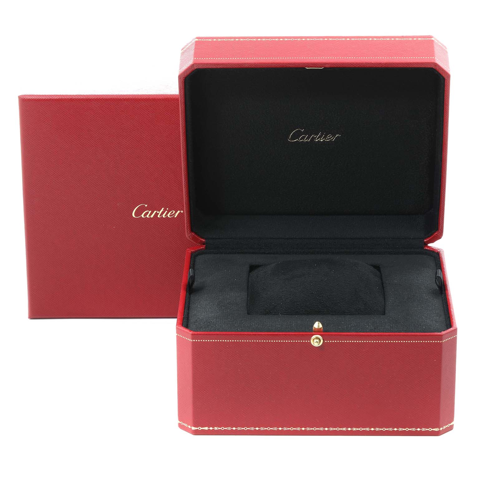 This image shows an open red Cartier box for the Roadster model watch, revealing a plush black interior.