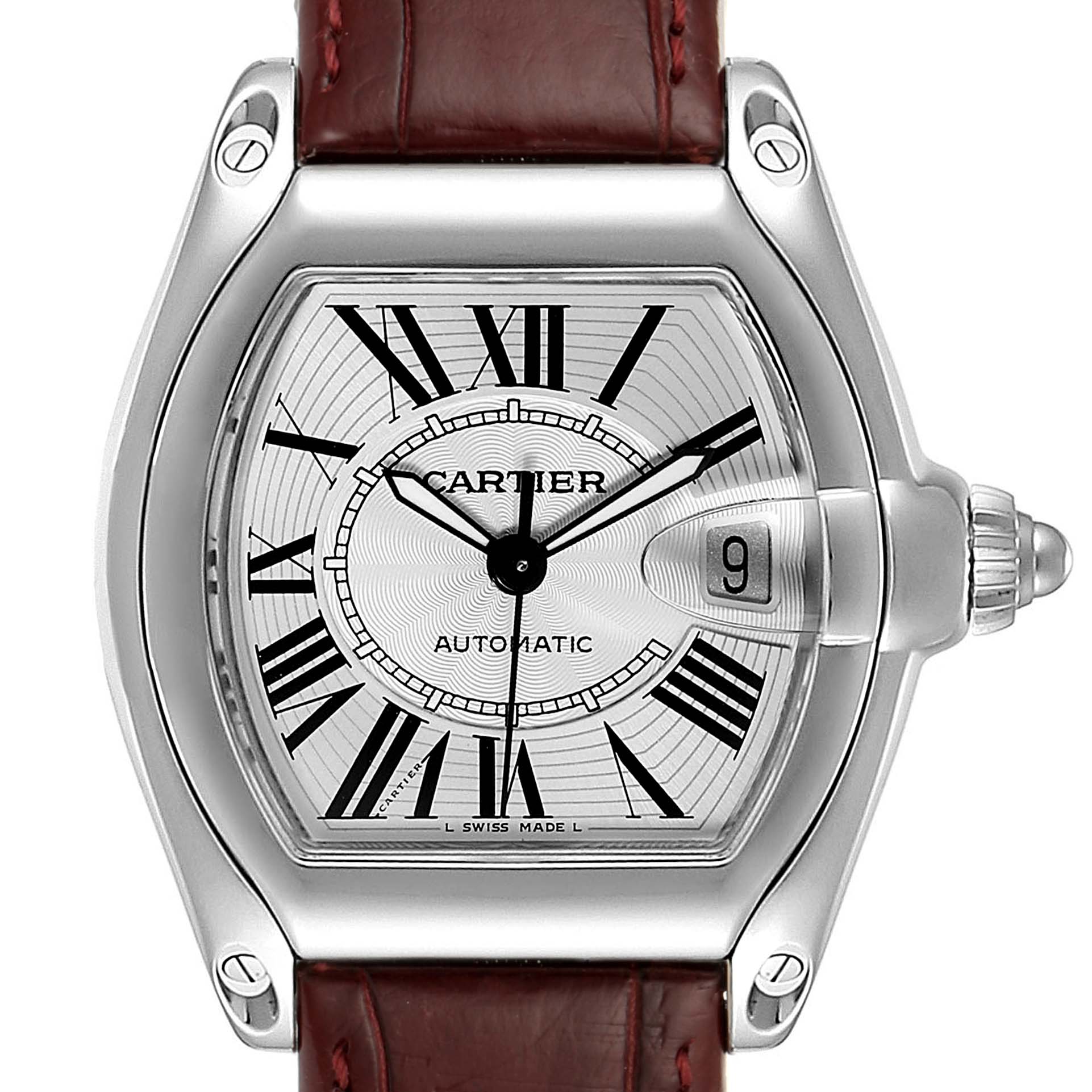 This image shows a front view of a Cartier Roadster W62025V3 Men's Stainless Steel Silver Dial W62025V3 Men's Stainless Steel Silver Dial watch, highlighting its face, Roman numerals, and crown with a date window.