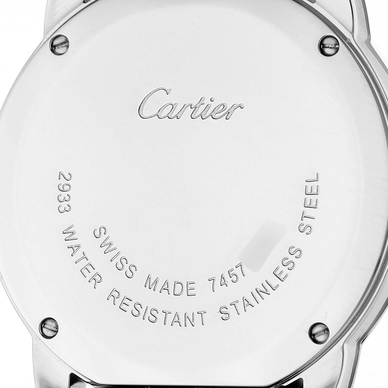 The image shows the back of the Cartier Ronde W6700155 Women's Stainless Steel Silver Dial watch, displaying its stainless steel case and engraved text.