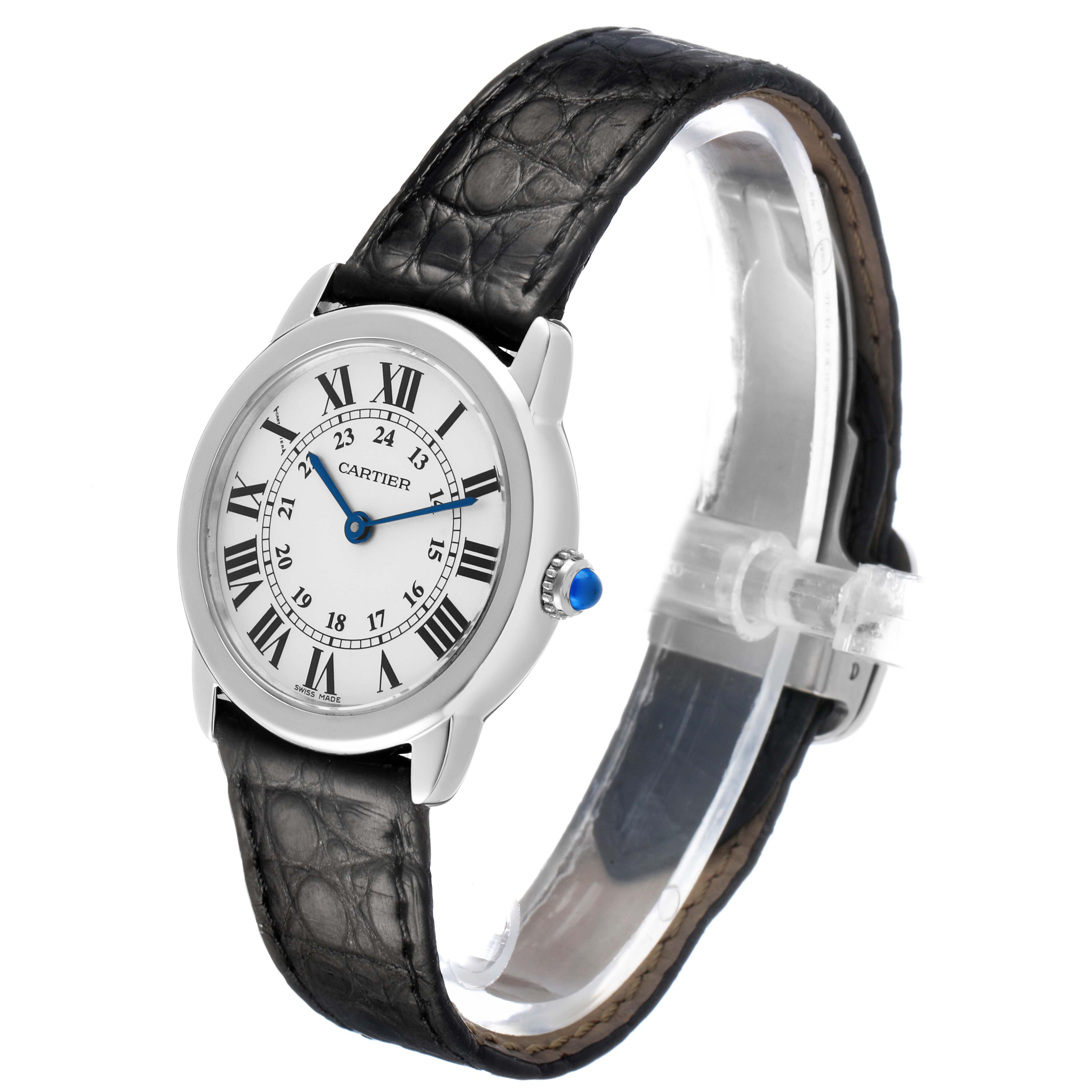 The Cartier Ronde W6700155 Women's Stainless Steel Silver Dial watch is shown at an angled side view, displaying its face, crown, and black leather strap.