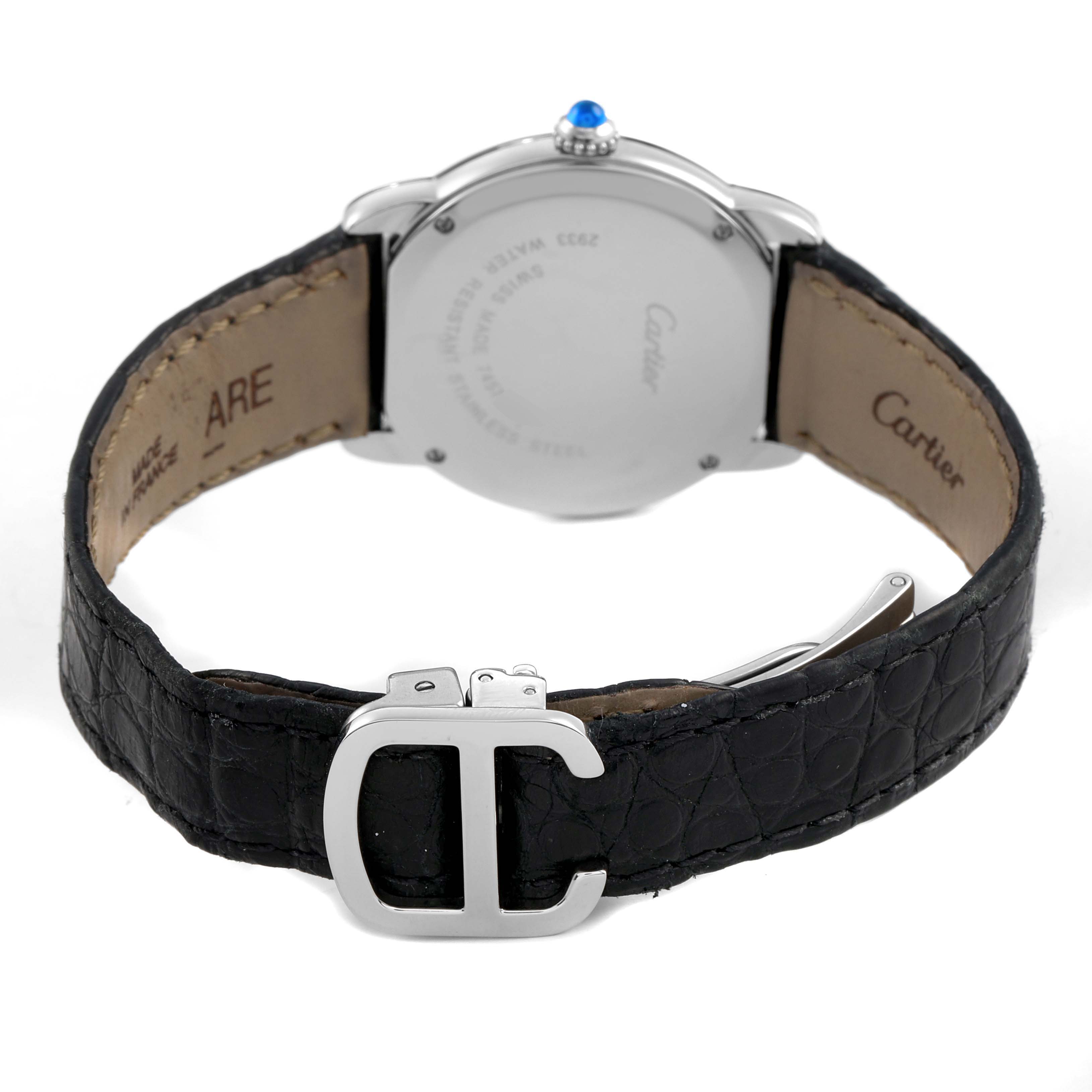 The image shows the back of the Cartier Ronde W6700155 Women's Stainless Steel Silver Dial watch, focusing on the leather strap and clasp.