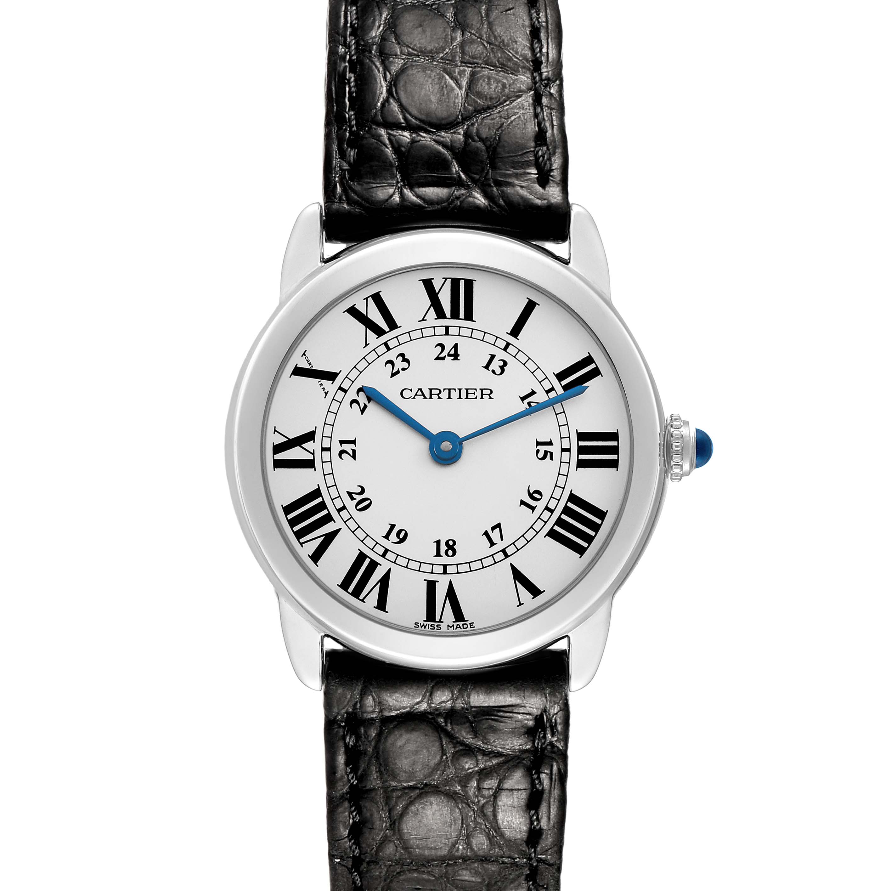 The Cartier Ronde W6700155 Women's Stainless Steel Silver Dial watch is shown from a top-down angle, displaying the face, Roman numerals, hands, and leather strap.