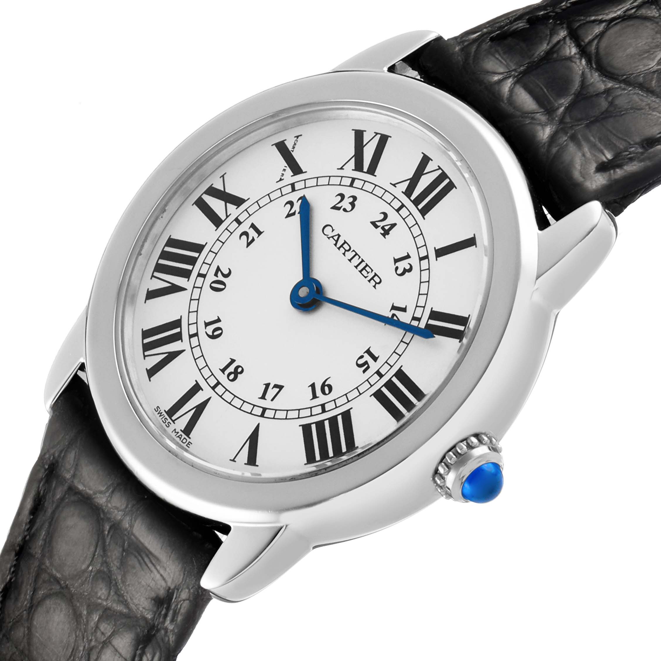 The Cartier Ronde W6700155 Women's Stainless Steel Silver Dial watch is shown at an oblique angle, highlighting the dial, bezel, and leather strap.