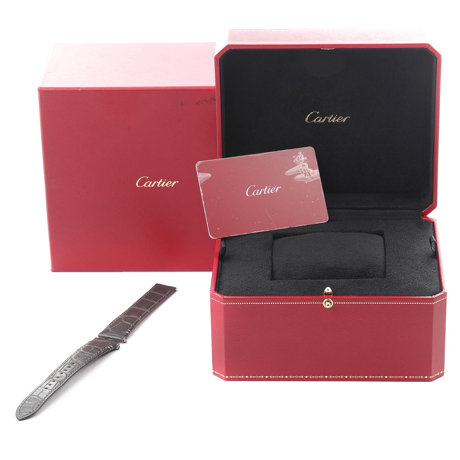 The image shows the packaging and a strap of a Cartier Santos WGSA0028 Men
s Rose Gold Silver Dial WGSA0028 Men
s Rose Gold Silver Dial watch with a red box, open case, and Best Quality
ity card.