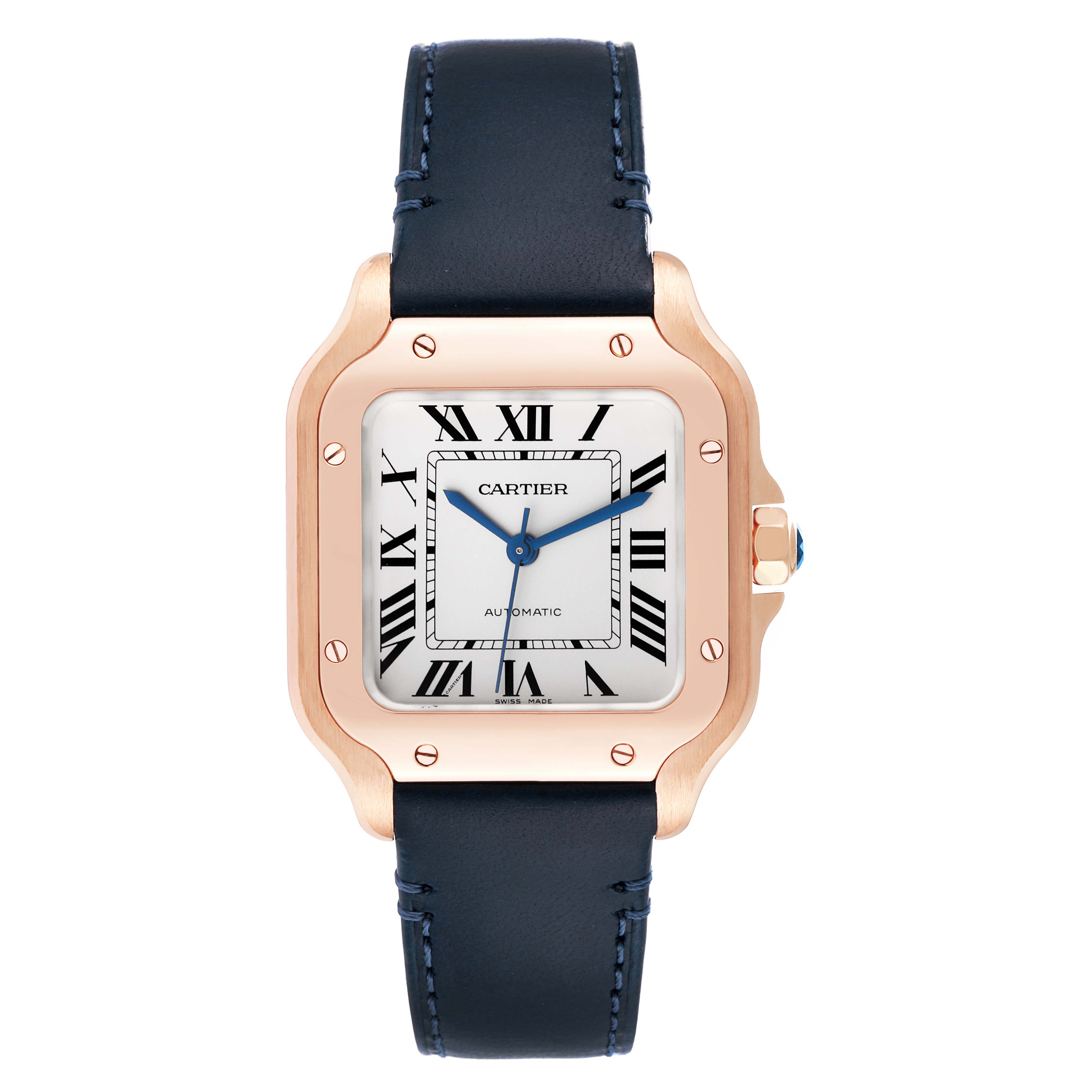 The image shows a front view of a Cartier Santos WGSA0028 Men
s Rose Gold Silver Dial WGSA0028 Men
s Rose Gold Silver Dial watch with a square face, Roman numerals, and a leather strap.
