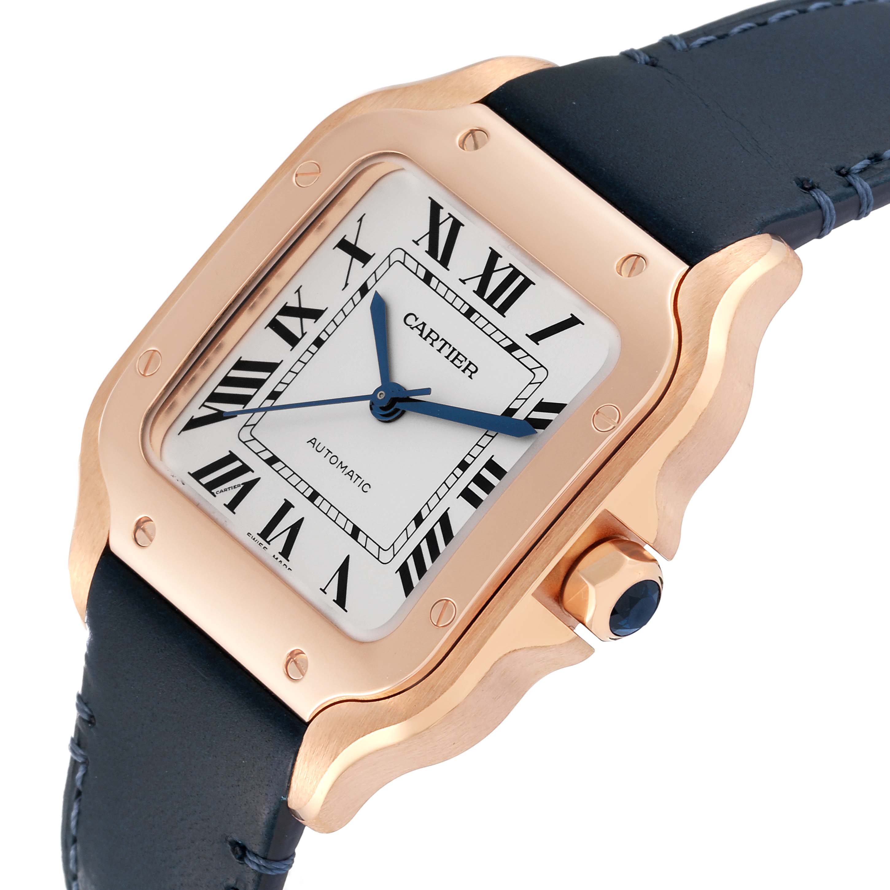 The image shows a Cartier Santos WGSA0028 Men
s Rose Gold Silver Dial WGSA0028 Men
s Rose Gold Silver Dial watch from an angled top-side view, highlighting the face, bezel, and part of the strap.